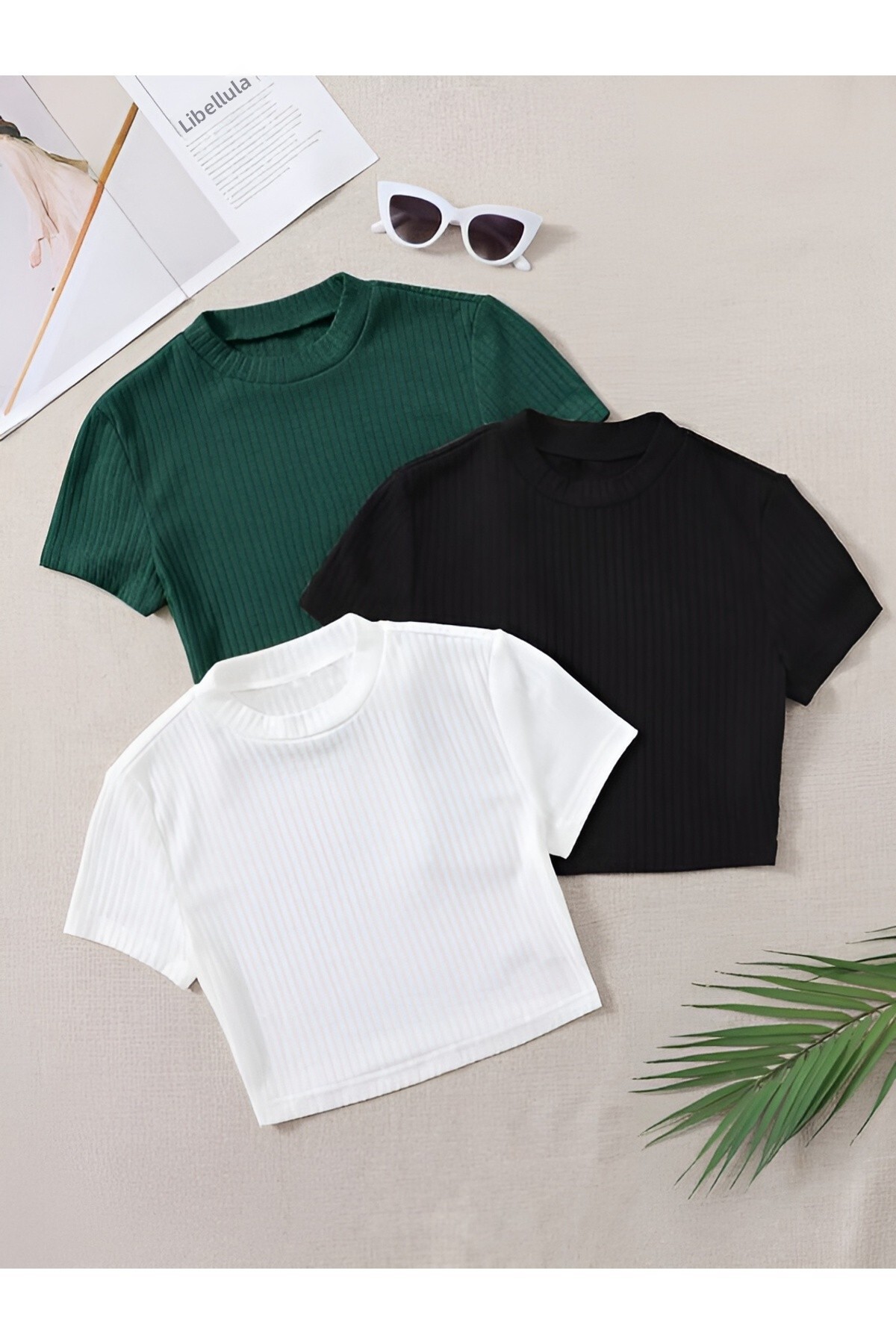 ÖZ PAMUK Γυναικείο μπλουζάκι 3 τεμαχίων μαύρο βαμβακερό πλεκτό με ραβδώσεις