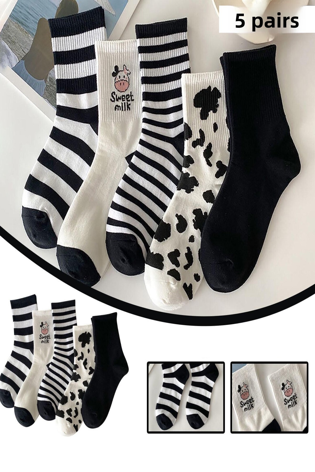 Esinti Sada 5 párů unisexových dlouhých ponožek s kravským vzorem, černá a bílá, 5 kusů