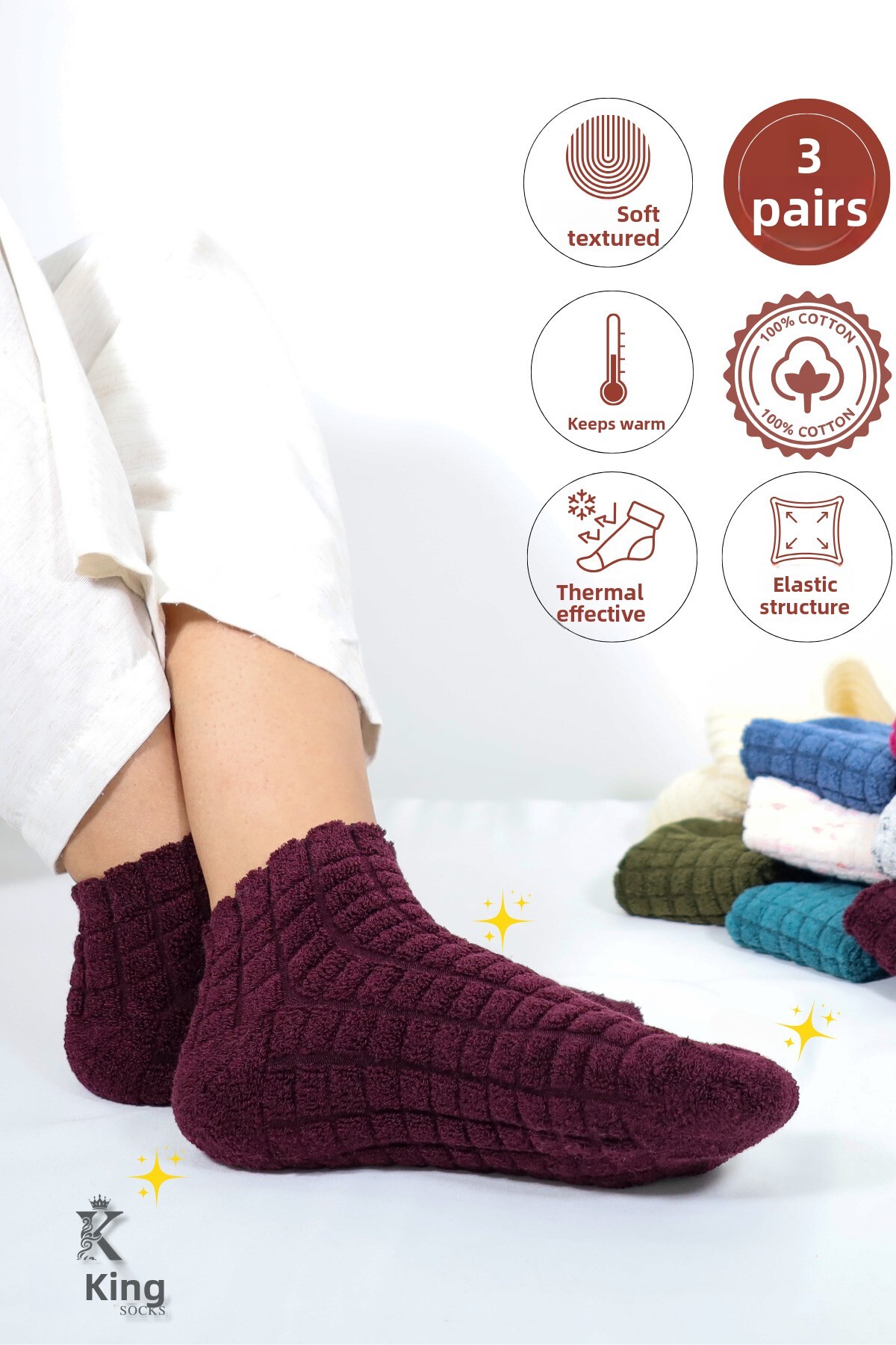 Lüx Ay 3 Pairs Women's Winter Reverse Towel Embossed Mixed Color Booties Socks