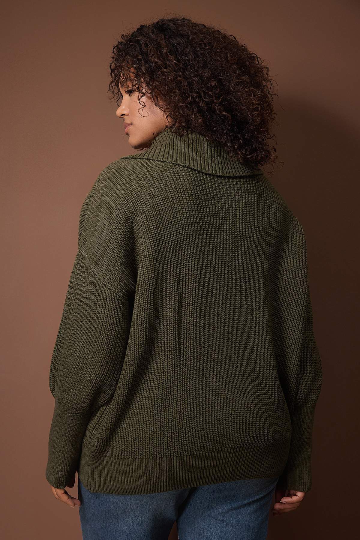 Trendyolmilla  Haki Devrik Yaka Fermuarlı Triko Hırka TBBAW25AV00009 - Görsel 4