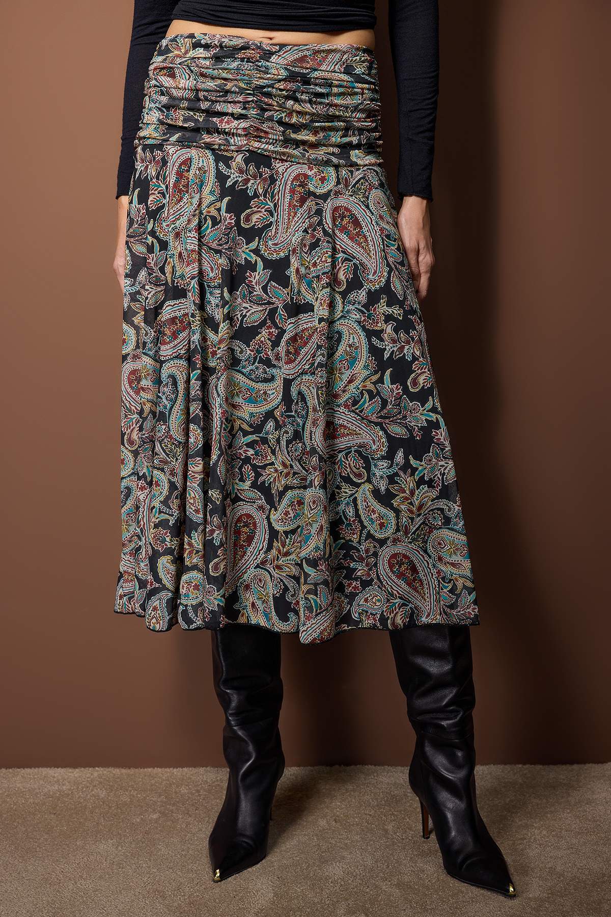 Trendyolmilla  Çok Renkli Maxi Büzgü/Drape Detaylı Boho/Boho Chic Basklılı Tül Esnek Örme Etek TWOAW26ET00122 - Görsel 7