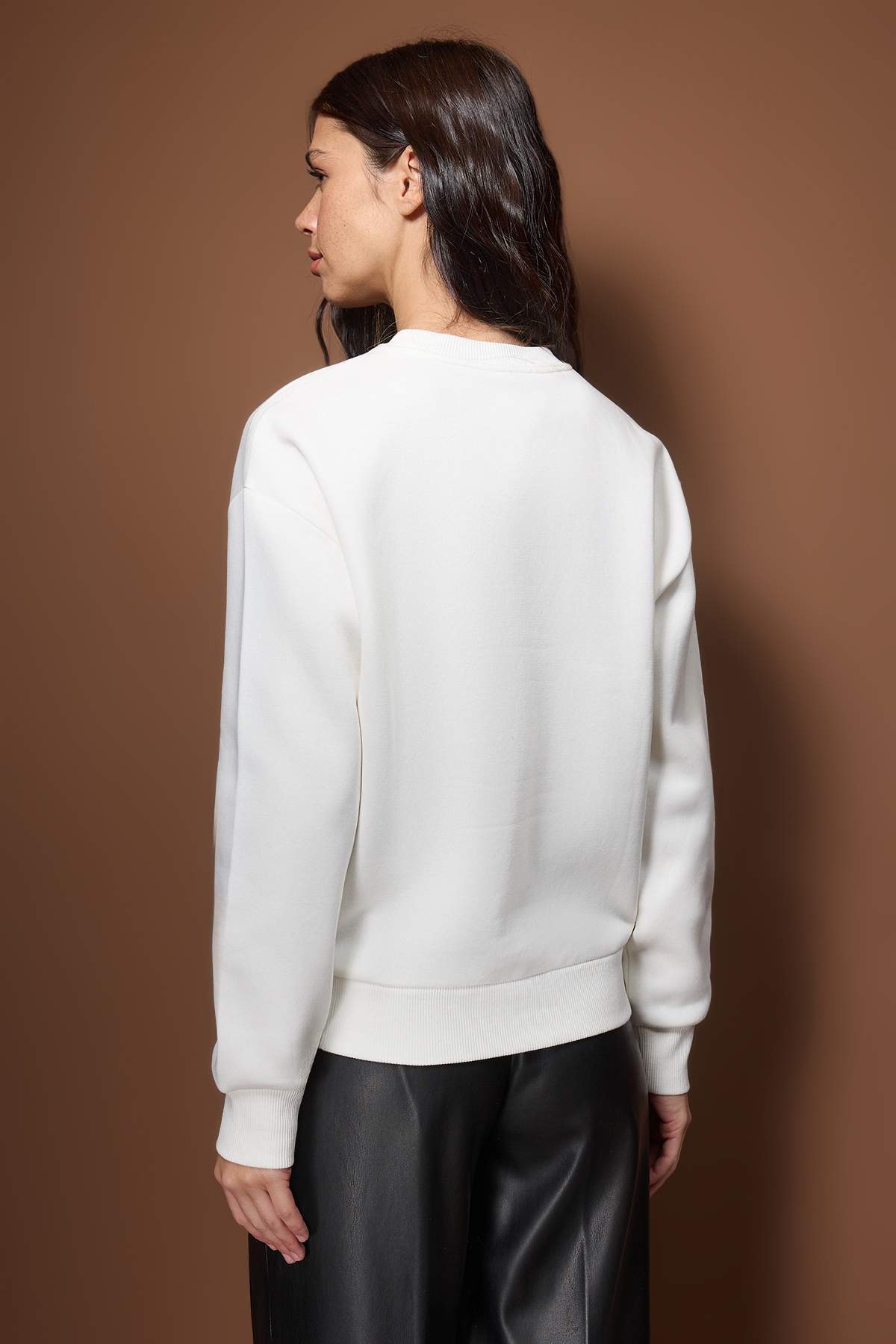 Trendyolmilla  Ekru Kalın İçi Polarlı Regular/Normal Kalıp Nakışlı Örme Sweatshirt TWOAW26SW00253 - Görsel 4