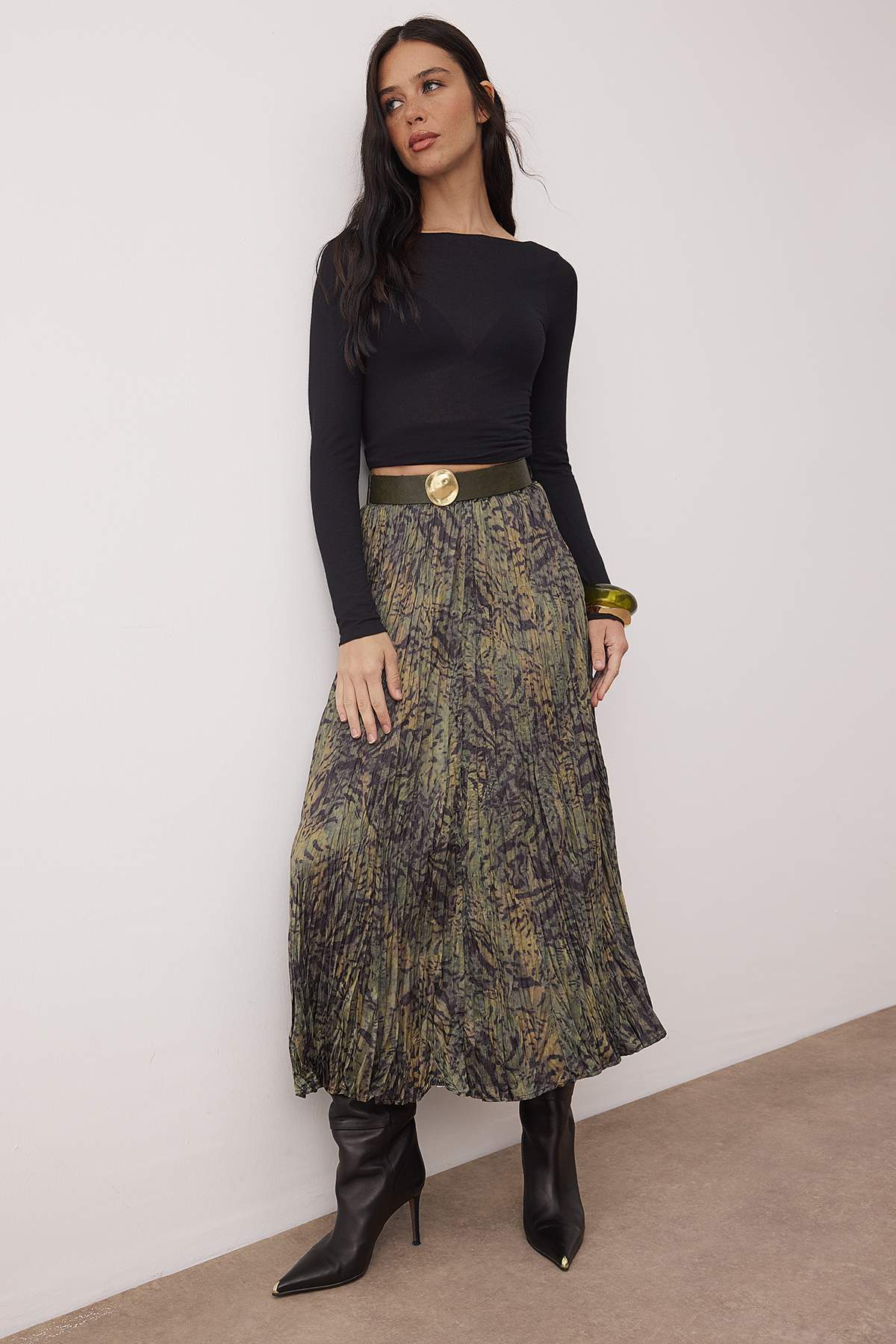 Trendyolmilla  Çok Renkli Animal Desenli Kemerli Midi Dokuma Saten Piliseli Etek TWOAW26ET00167 - Görsel 2