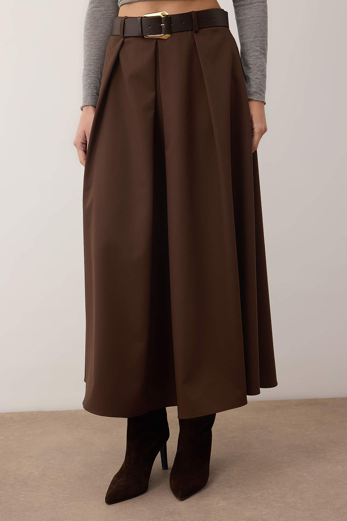 Trendyolmilla  Koyu Kahverengi Kemerli Çan/A-Line Dokuma Uzun Maxi Etek TWOAW26ET00168 - Görsel 3