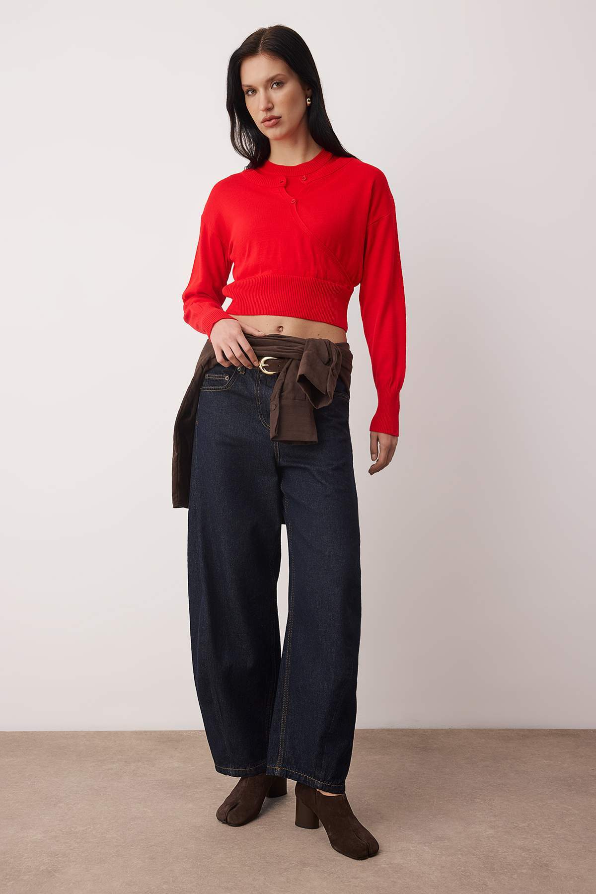 Trendyolmilla  Kırmızı Bisiklet Yaka Birleşik Bluz-Hırka Triko Kazak TWOAW26KZ00280