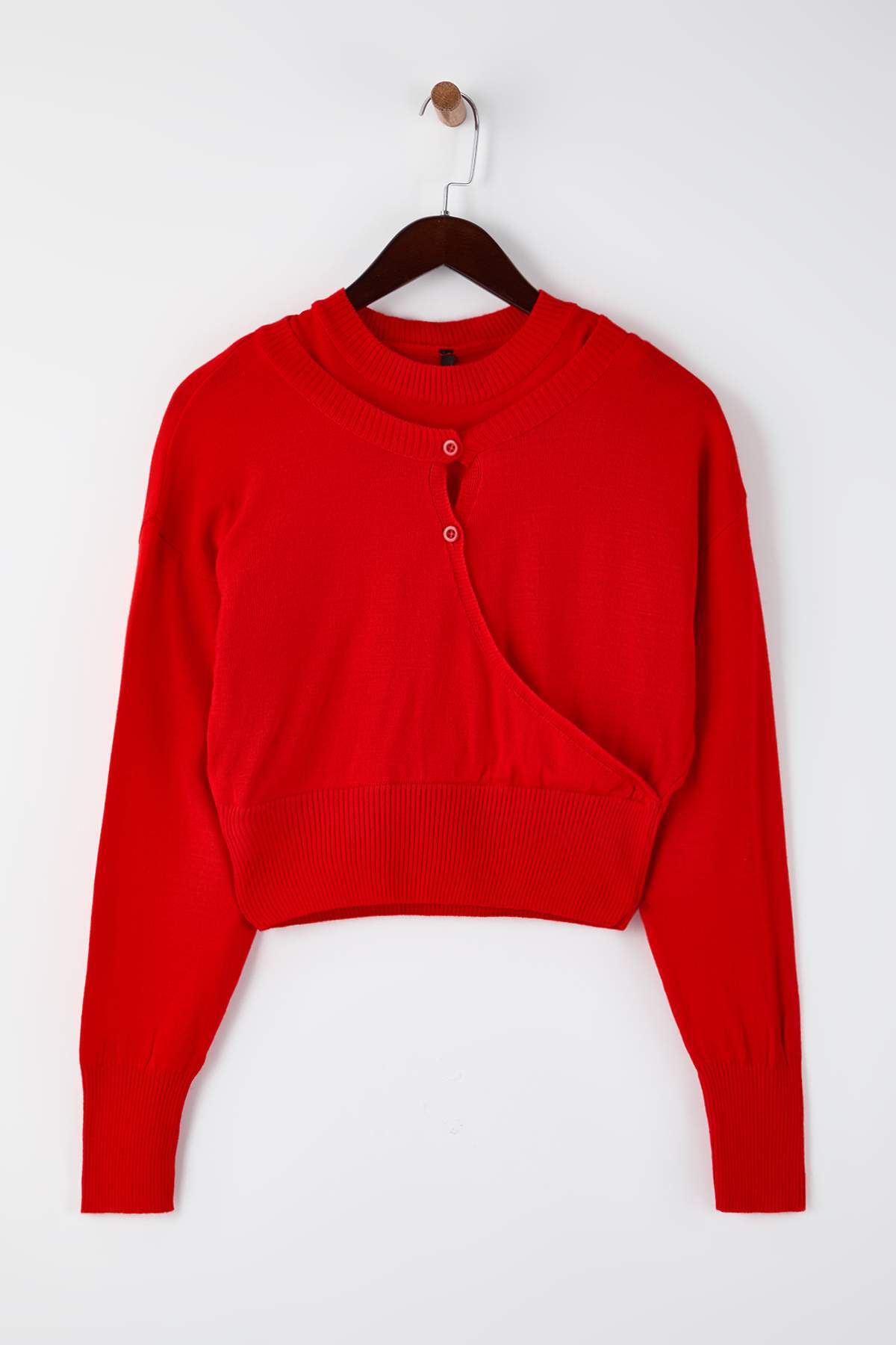 Trendyolmilla  Kırmızı Bisiklet Yaka Birleşik Bluz-Hırka Triko Kazak TWOAW26KZ00280 - Görsel 5