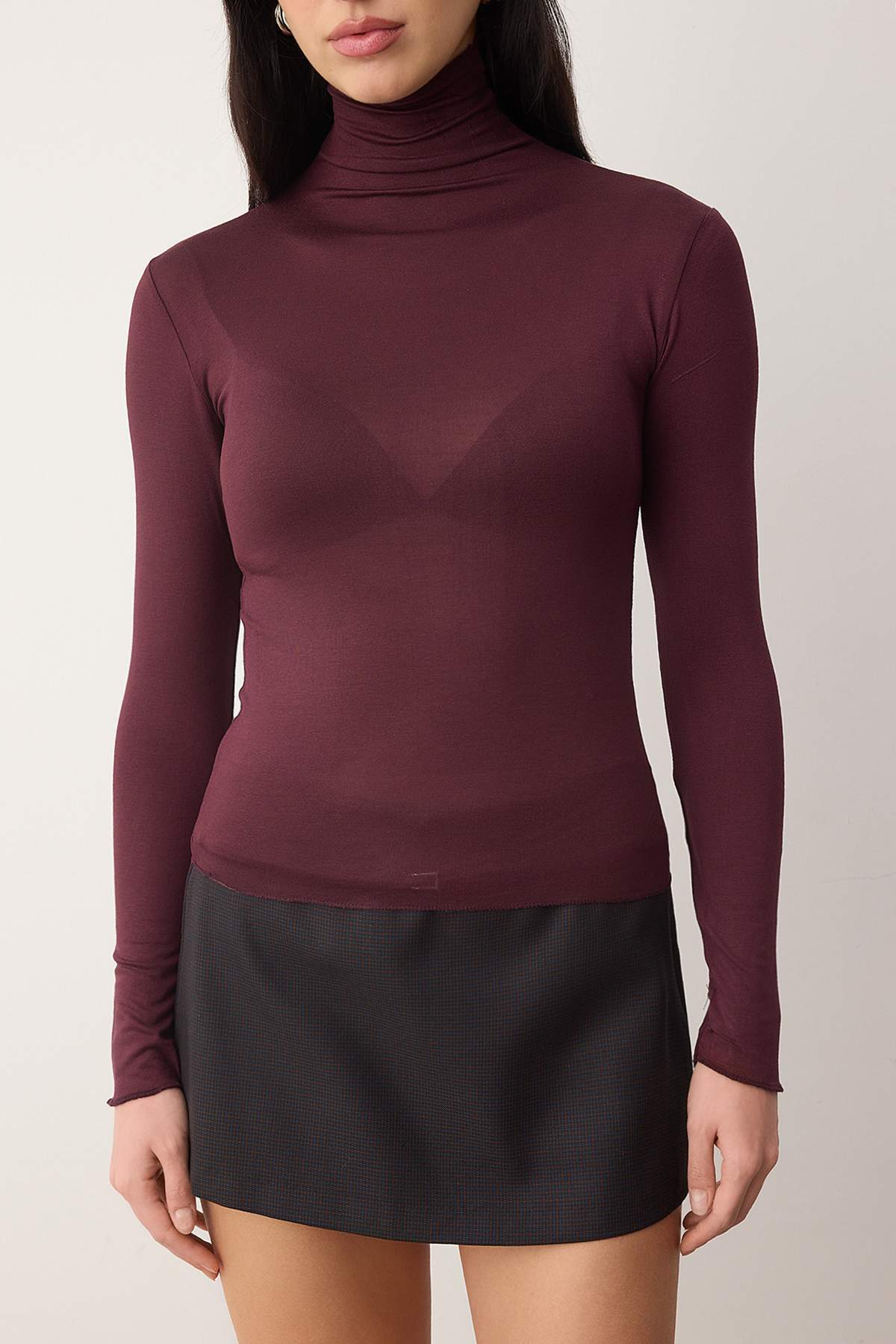 Trendyolmilla  Mürdüm Transparan Dik Yaka Esnek Normal Boy Örme Bluz TWOAW26BZ00266 - Görsel 3