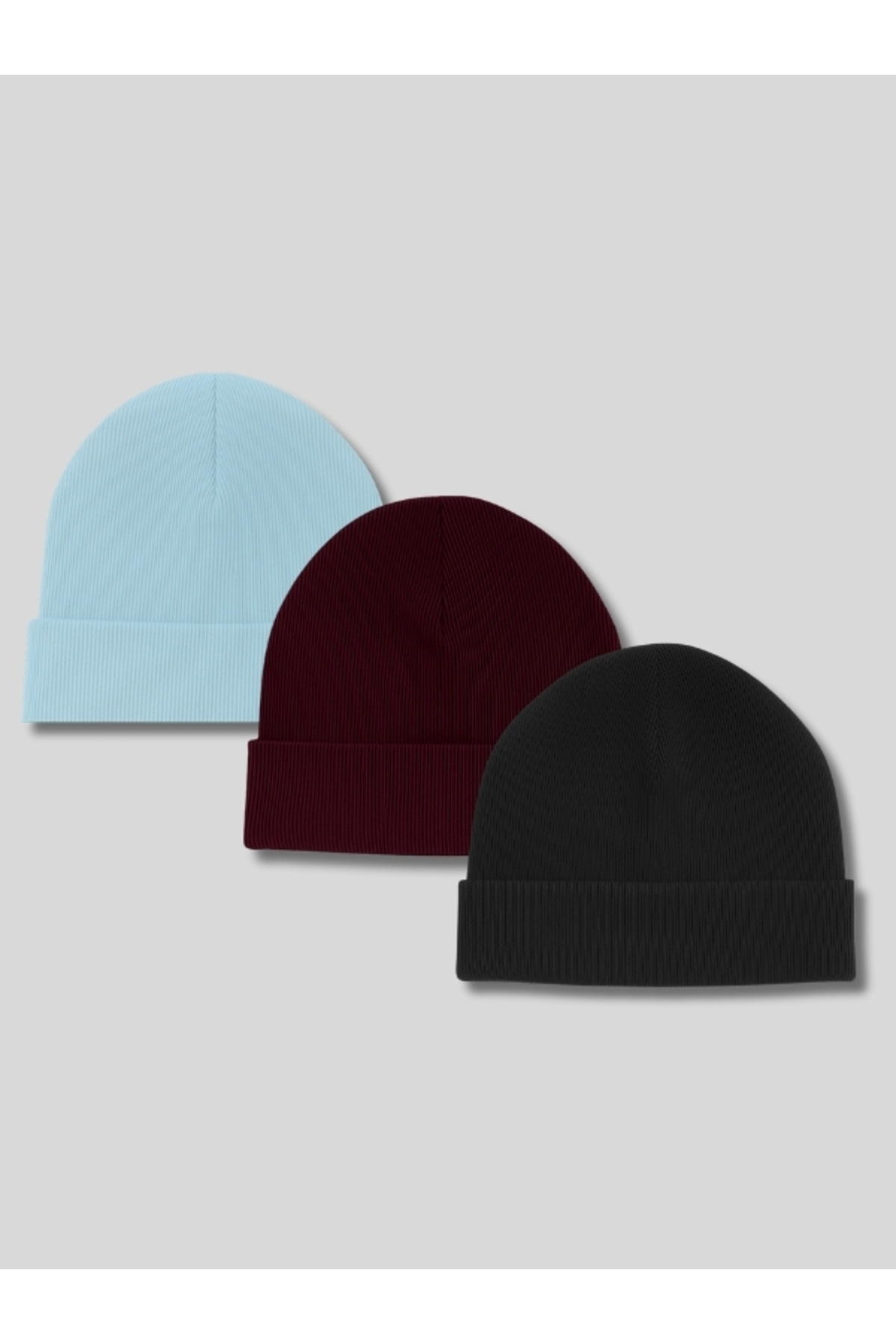 BELTICHA Unisex Siyah Bordo Açık Mavi 3'Lü Basic Katlamalı Bere
