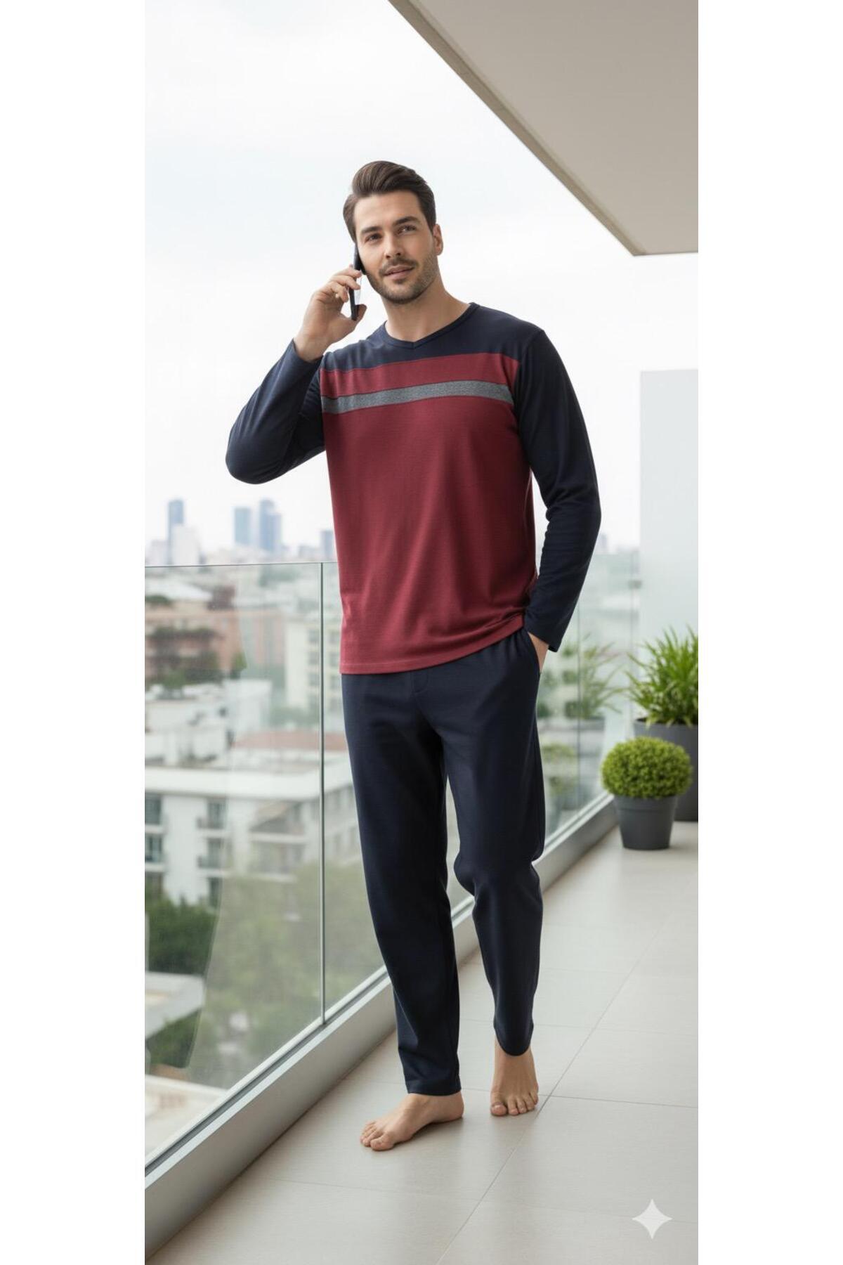 Sude HOMEWEAR Erkek Parçalı Bordo Uzun Kollu Pijama Takımı