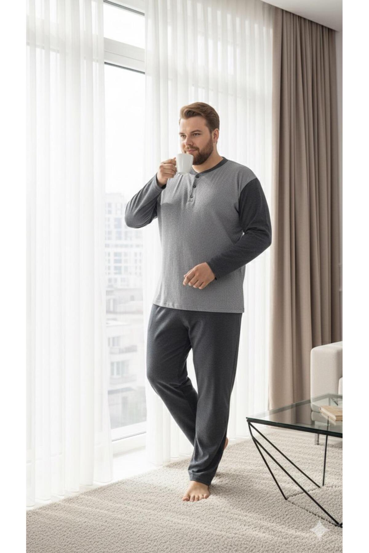 Sude HOMEWEAR Erkek Lacivert Yarım Pat Düğmeli Uzun Kol Büyük Beden Pijama Takımı görsel 3