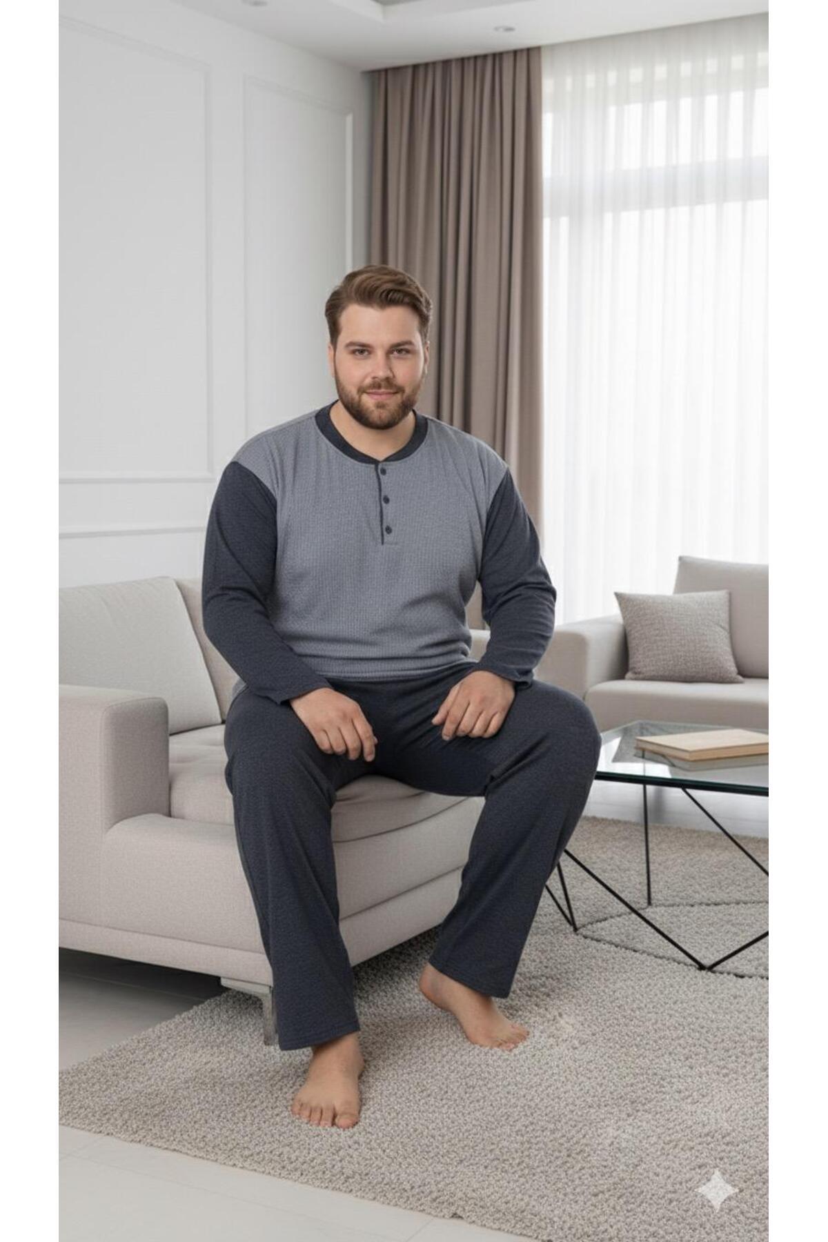 Sude HOMEWEAR Erkek Lacivert Yarım Pat Düğmeli Uzun Kol Büyük Beden Pijama Takımı görsel 2