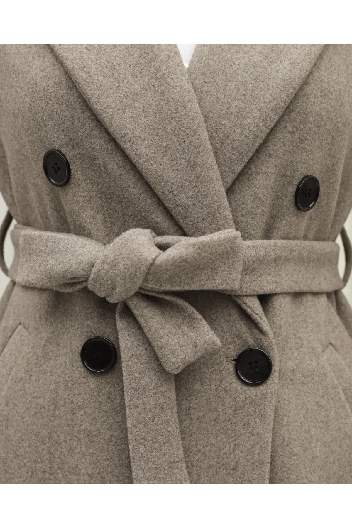 Modamorfo  Tek Düğmeli Cepli Kemerli Astarlı Kaşe Kaban -taş - Görsel 4