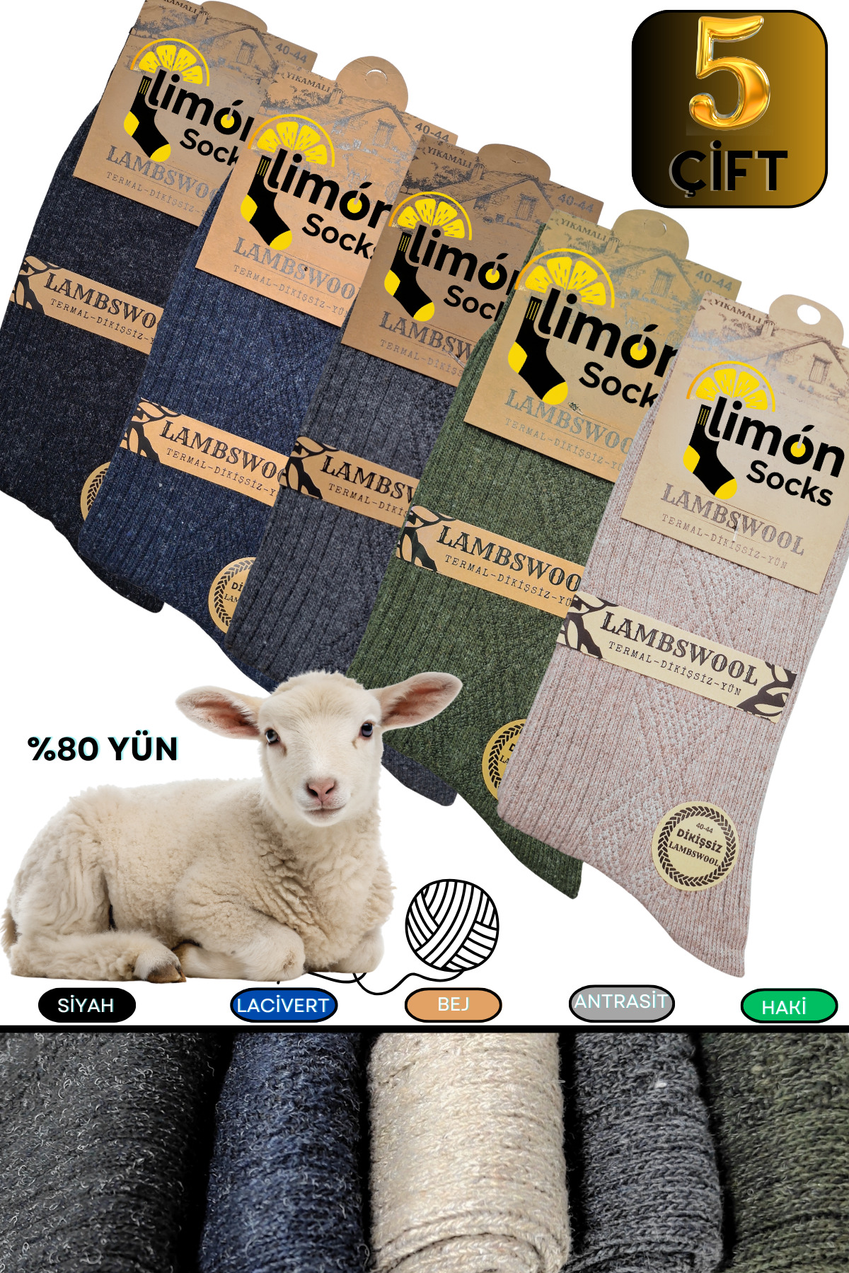 Kışlık Lambswool Yün Çorabı (5 Çift) Kadın ve Erkekler Için Termal Özellikli Kalın Çorap