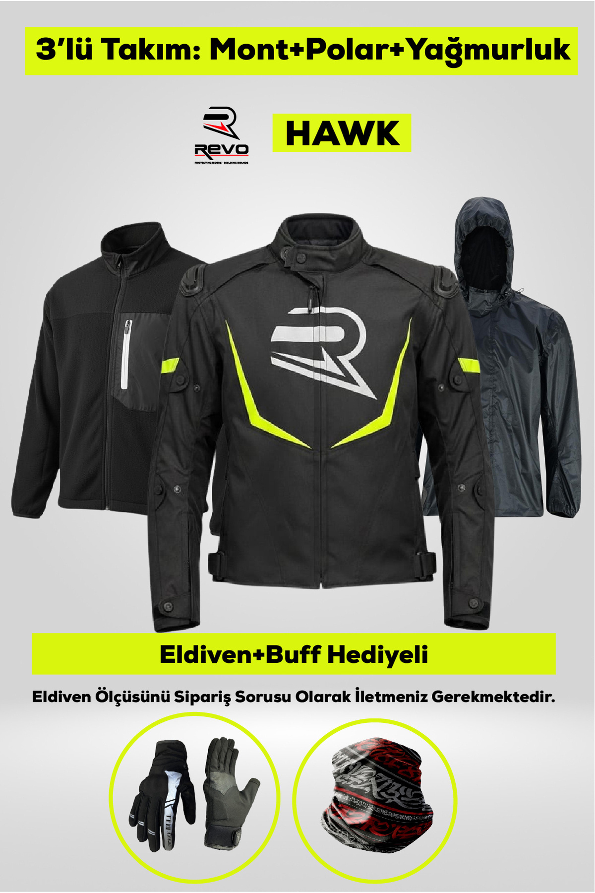 REVO HAWK Neon Sarı 3 Katmanlı 4 Mevsim Unisex Motosiklet Montu + ELDİVEN VE BUFF HEDİYELİ