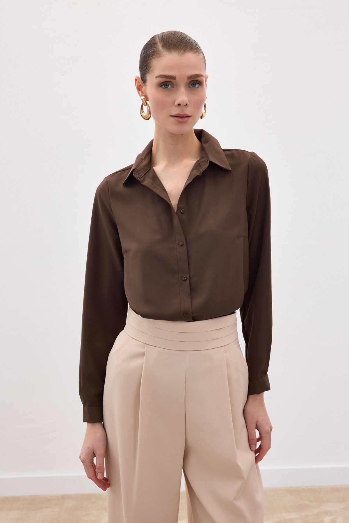 Sateen  Düz Klasik Gömlek - Kahve - Görsel 2