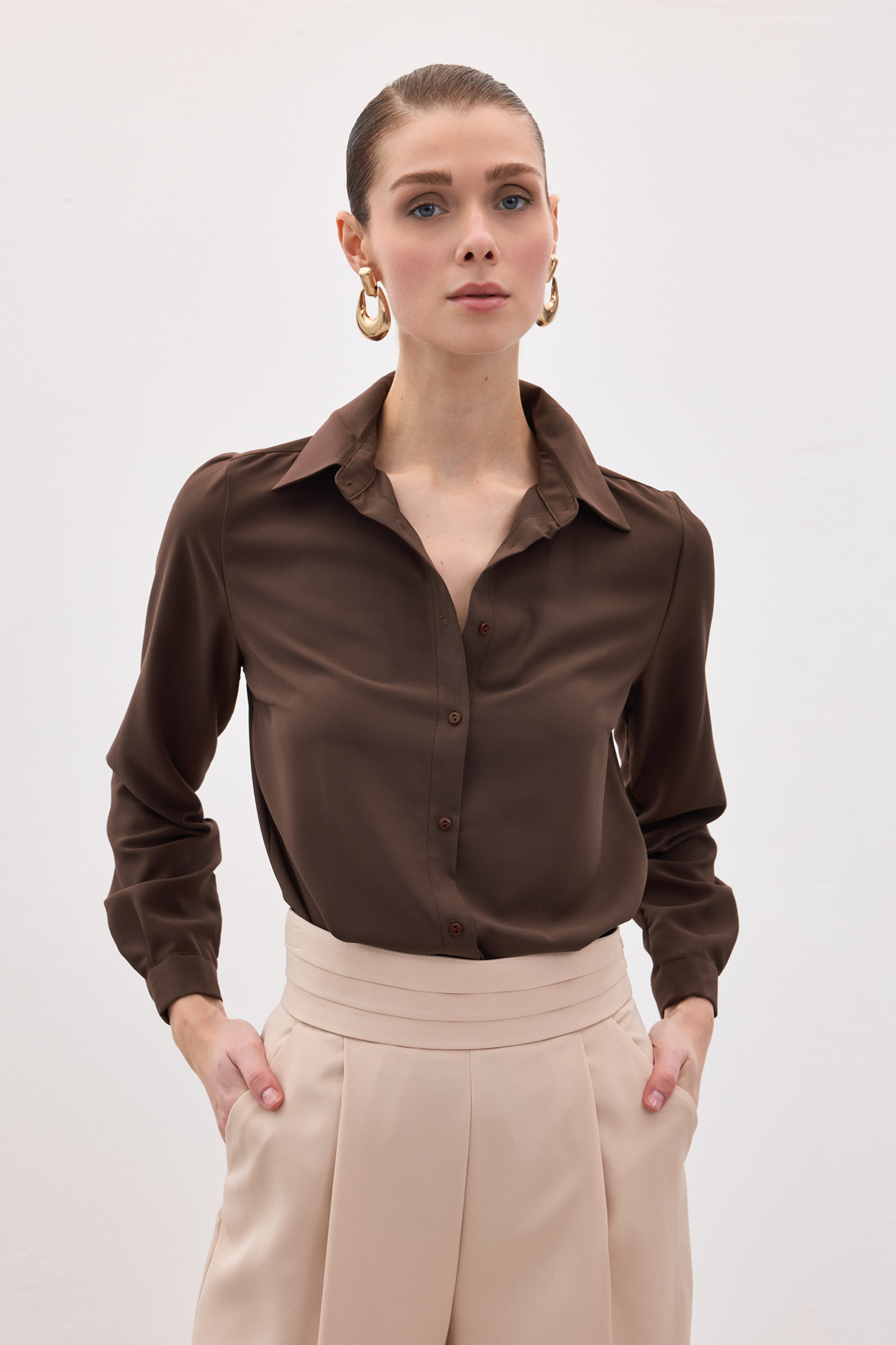 Sateen  Düz Klasik Gömlek - Kahve - Görsel 5