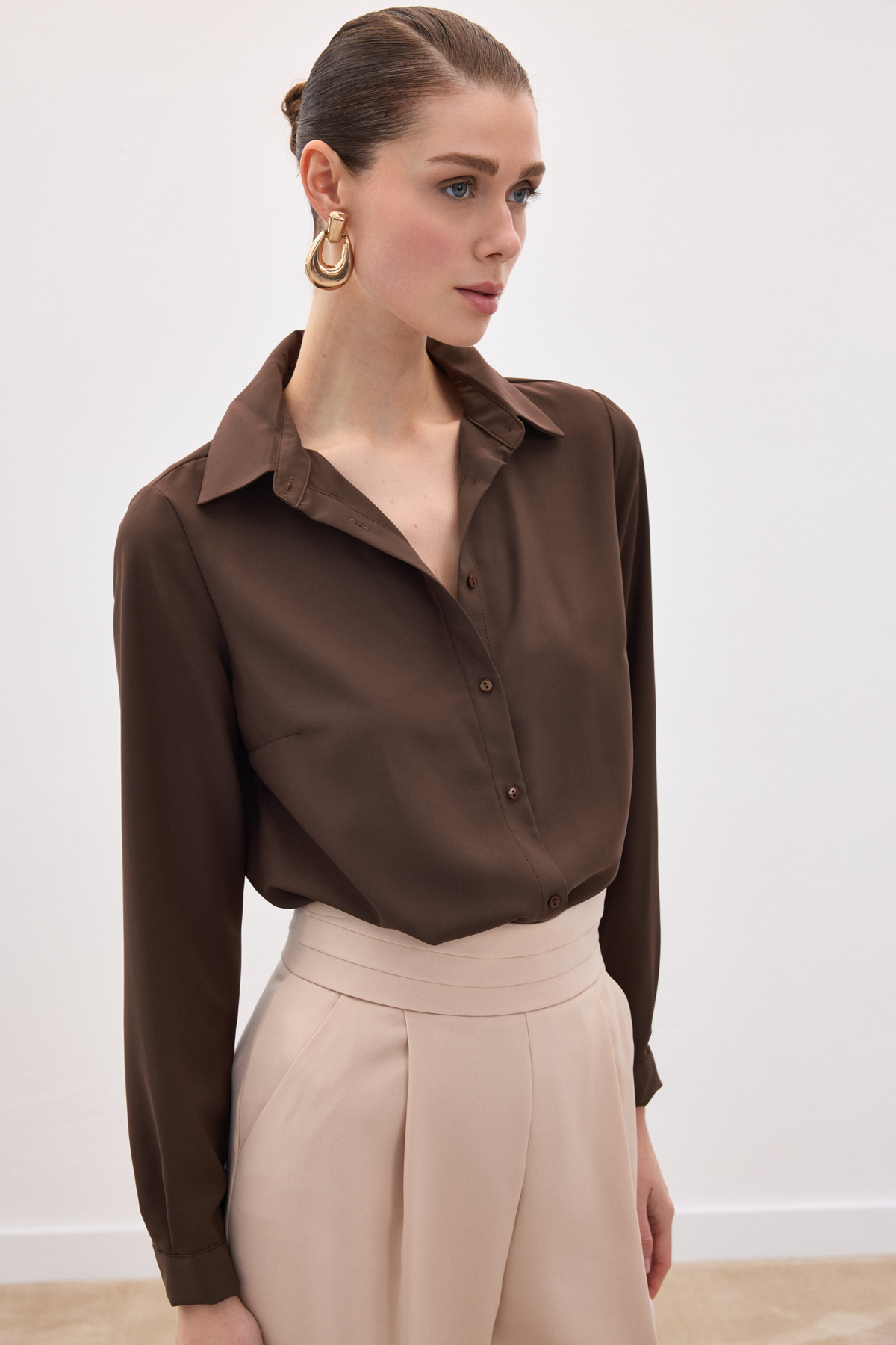 Sateen  Düz Klasik Gömlek - Kahve