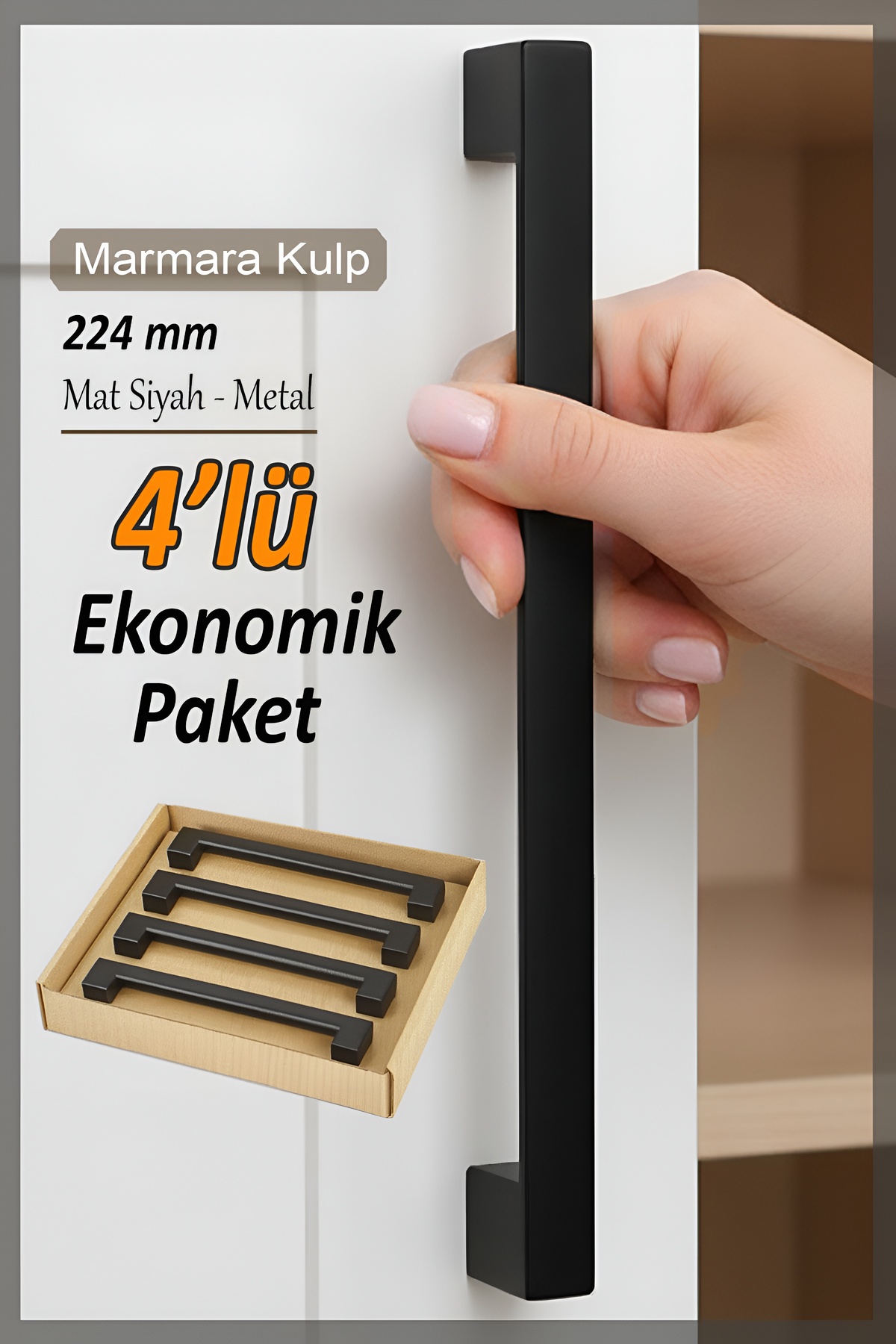 GLASWEN 4 Adet Marmara Kulp 224 mm Siyah Mutfak Kulpu Çekmece