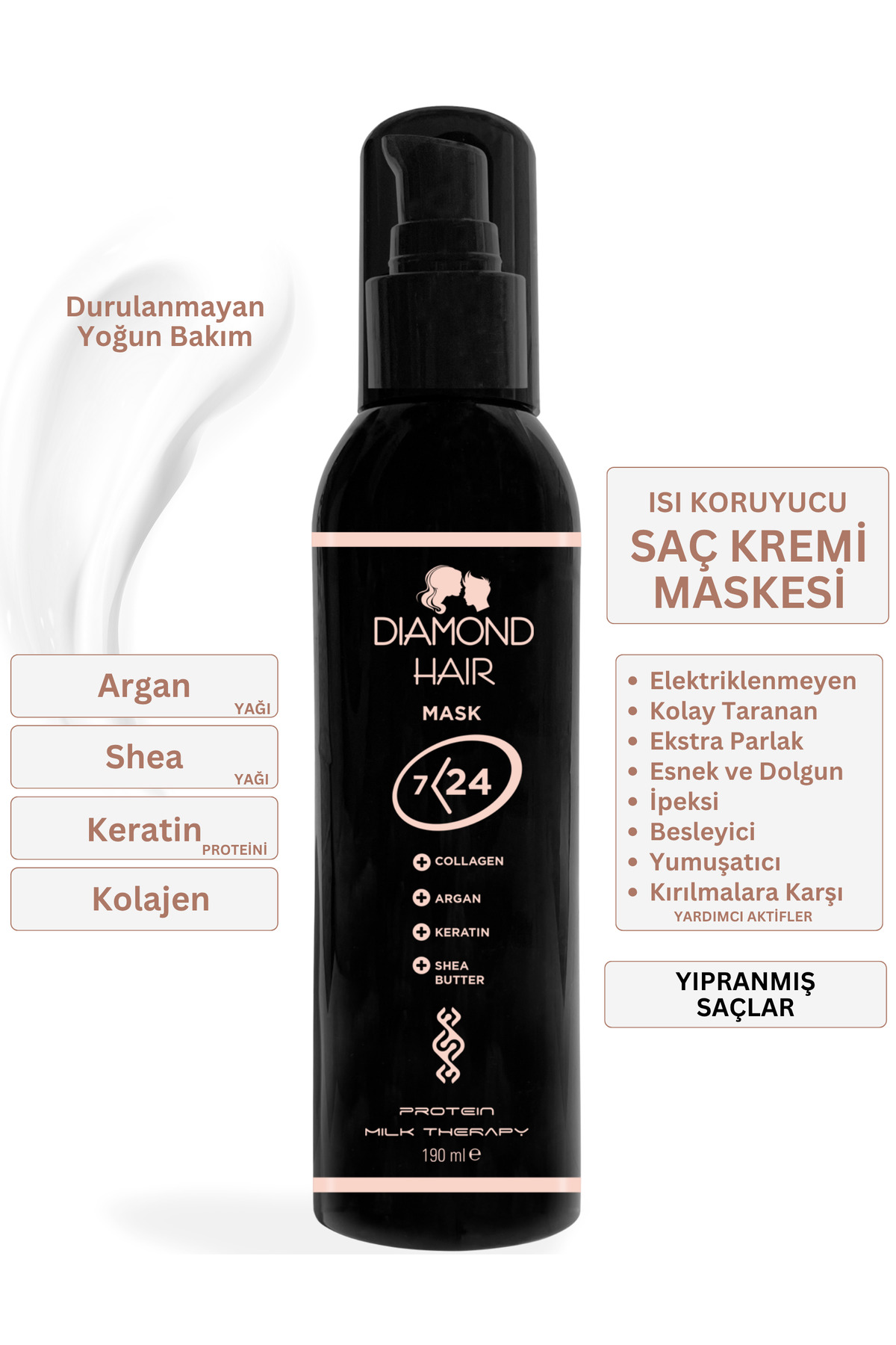 Durulanmayan Saç Kremi Isı Koruyucu Kolay Tarama Keratin Sütü Argan Shea Yağı Collagen Saç Maskesi — MASK — تصویر 8 از 8