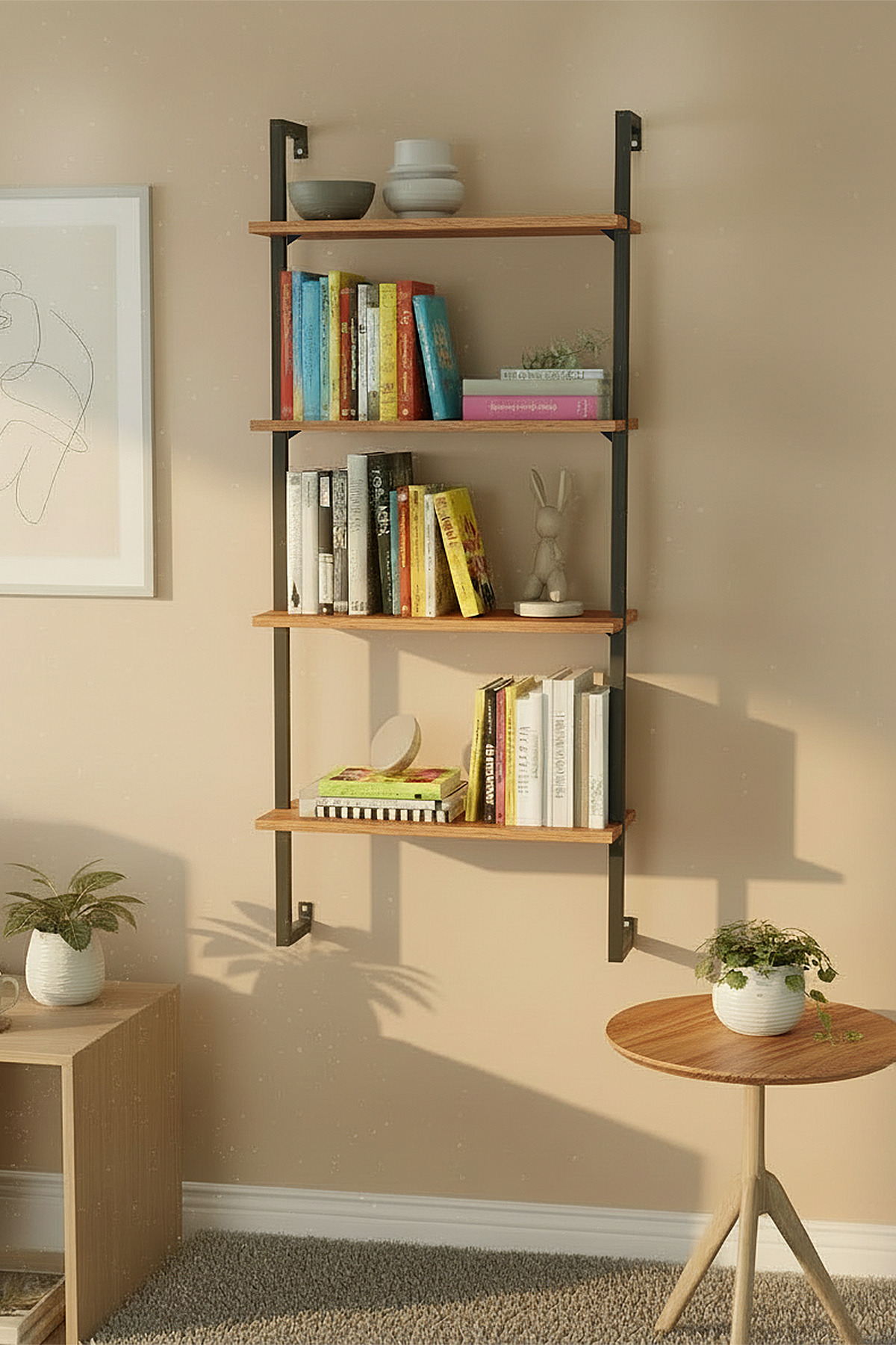 Euromob 4 Raflı Çam Rengi Çok Amaçlı Kitaplık / Dekoratif Duvar Rafı – Kolay Kurulum, Sağlam Tasarım