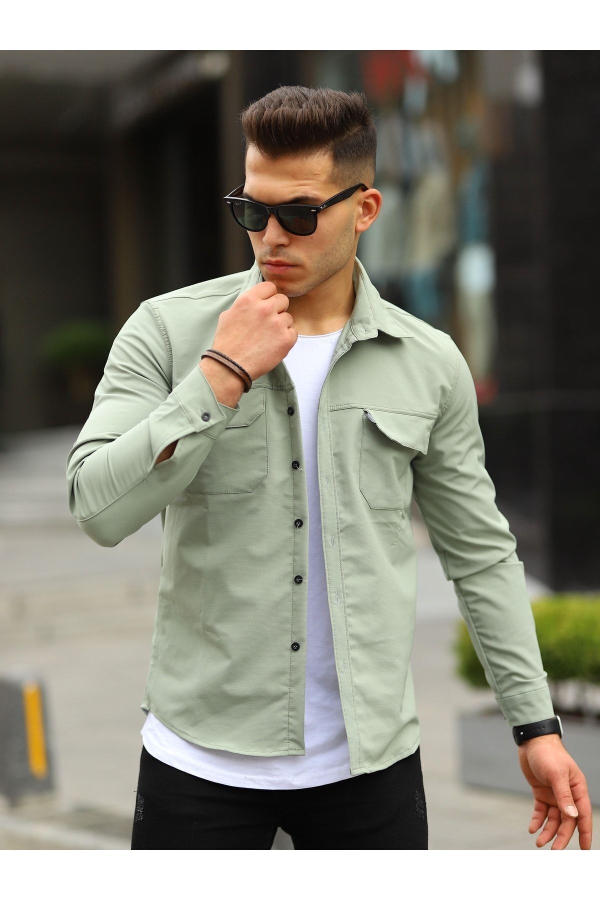 comstar  Erkek Basic Paraşüt Rahat Uzun Kol Bol Yeşil Gömlek - Görsel 4