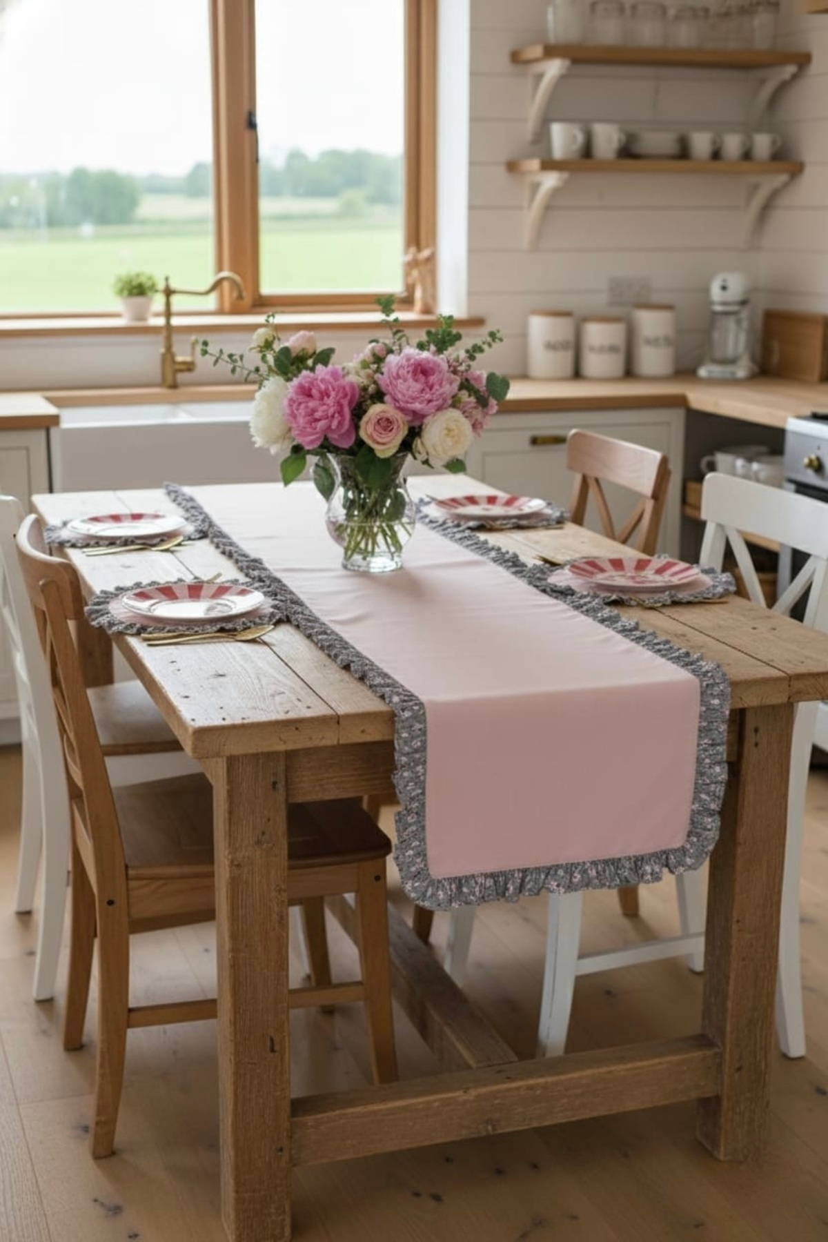 runner powder pink gray floral ruffled vintage 40x130cm duck linen