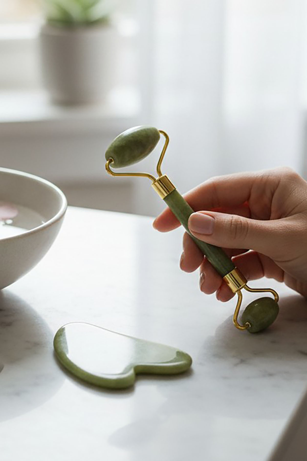 TAKIŞTIR Yeşil Renk Doğal Taş Gua Sha ve Roller Yüz Masaj Taşı Seti — سبز 8699400072438