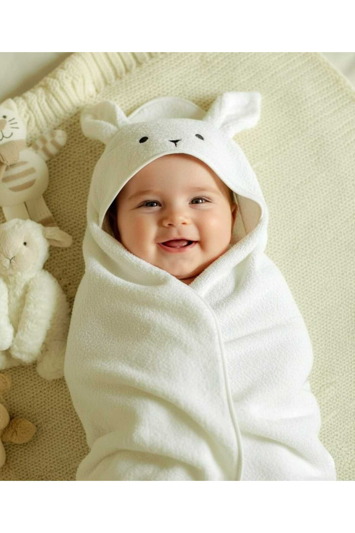 Alpar Tekstil %100 pamuklu Yumuşacık kız-erkek Yenidoğan-bebek Banyo Havlu Kundak krem/Tavşan fotoğrafı 4 (önizleme)