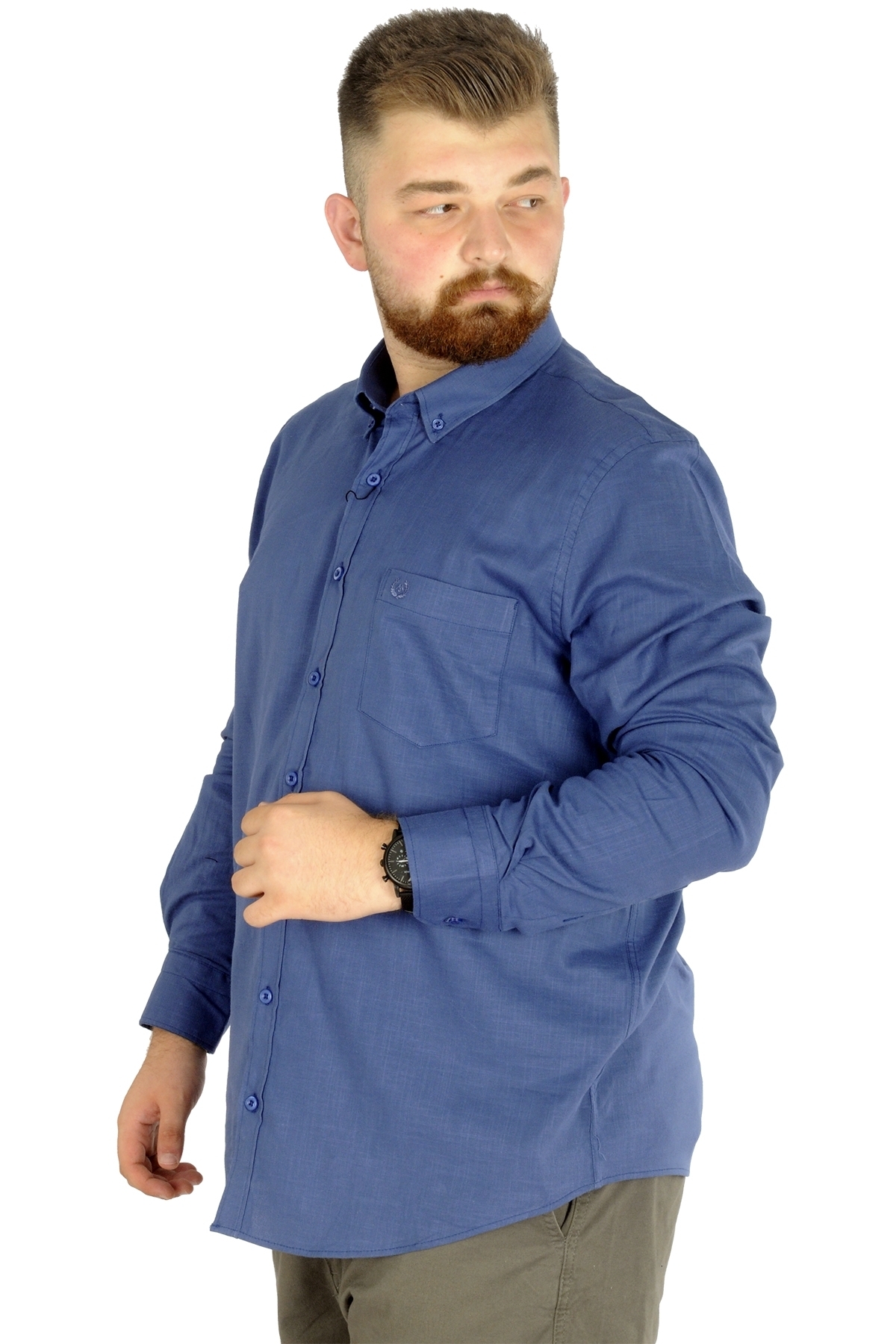 ModeXL Mode Xl Büyük Beden Erkek Keten Cepli Gömlek 20386 Indigo görsel 3
