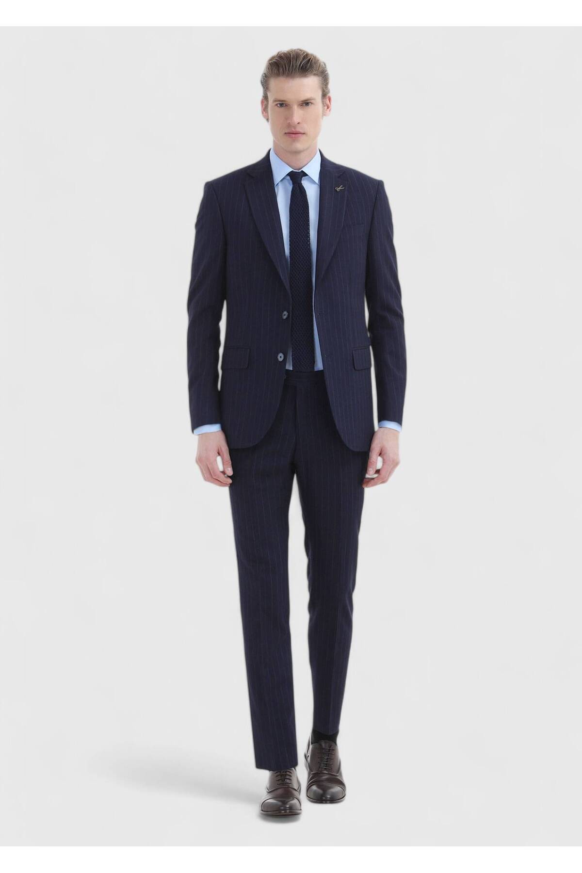 Ramsey Lacivert Çizgili Thin&taller Slim Fit Yün Karışımlı Takım Elbise