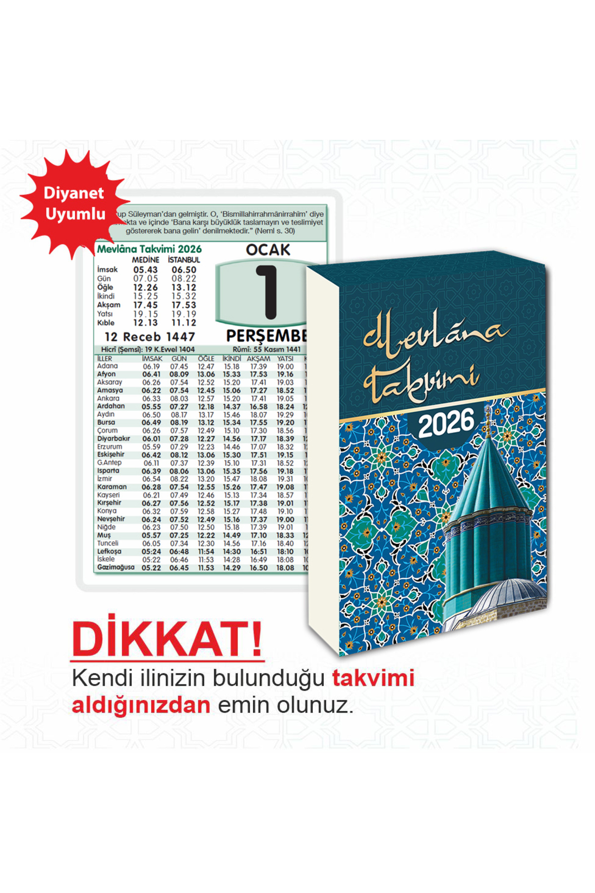 Mevlana Yapraklı Blok Duvar Takvimi Dik Model 2026