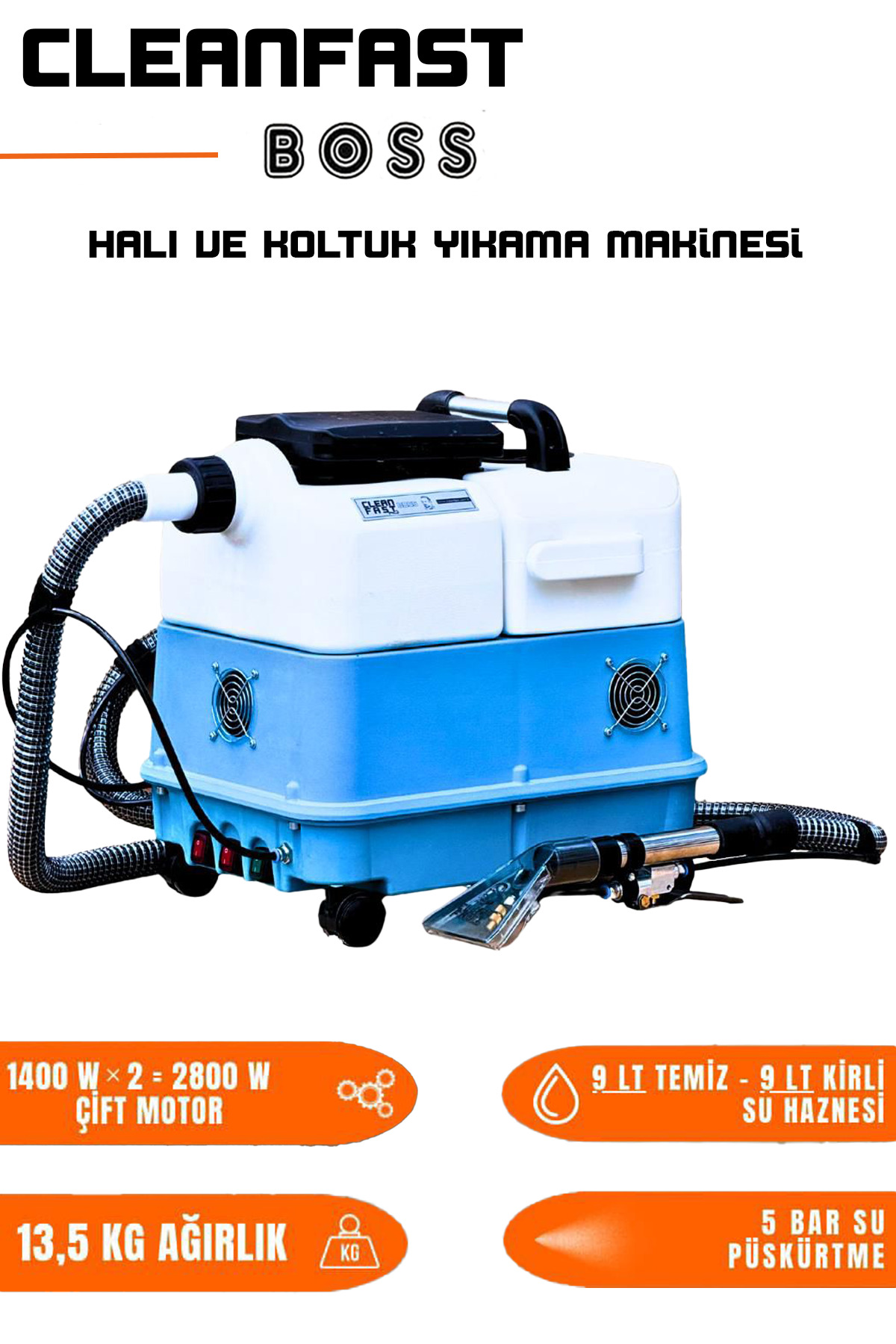 cleanfast Boss Çift Motorlu Koltuk Halı Yıkama Makinesi 2800 W