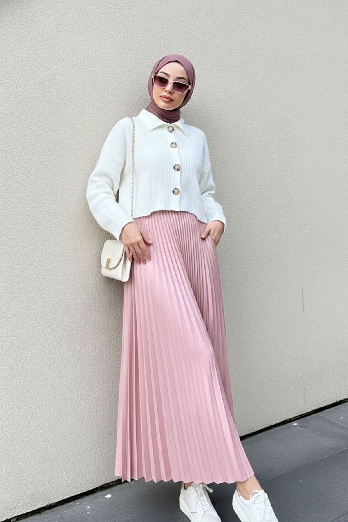 comstar  Kadın Basic Yüksek Bel Piliseli Bol Pembe Uzun Etek - Görsel 4