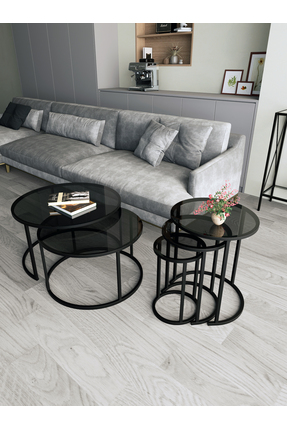 Dekoport Milas Orta Ve Zigon Sehpa Seti Siyah - Temperli Kırılmaz Füme Cam