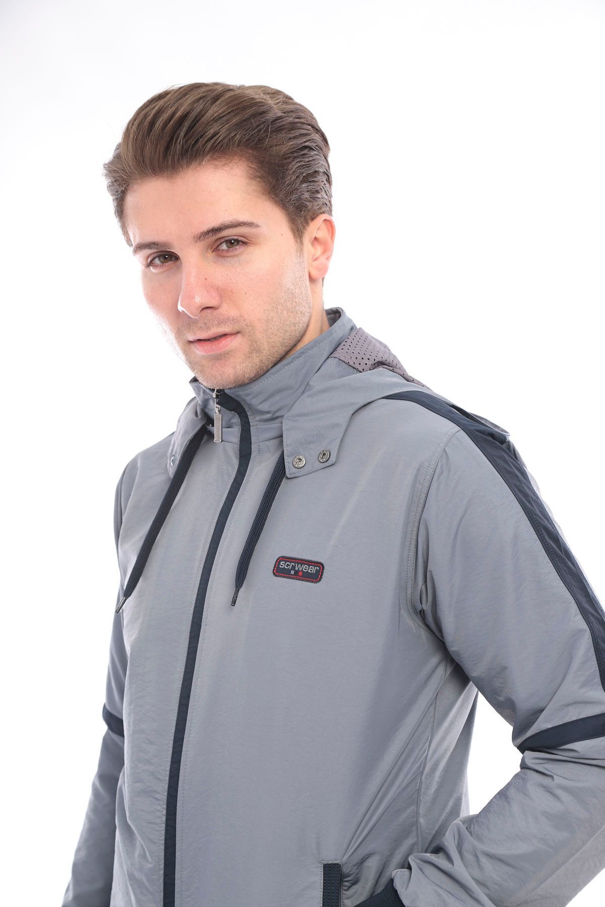 Twill Penye Kumaş Çıkma Kapüşonlu Erkek Spor Eşofman Takımı 4351 — خاکستری — تصویر 5 از 9
