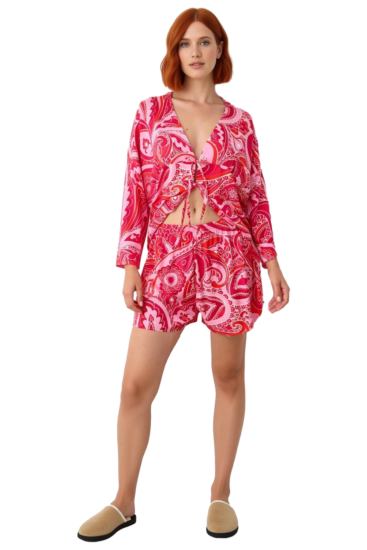 Kadın Şık Etnik Desenli Viskon Pijama Takımı Rahat Kalıp Yazlık Homewear Modern Stil Kullanım