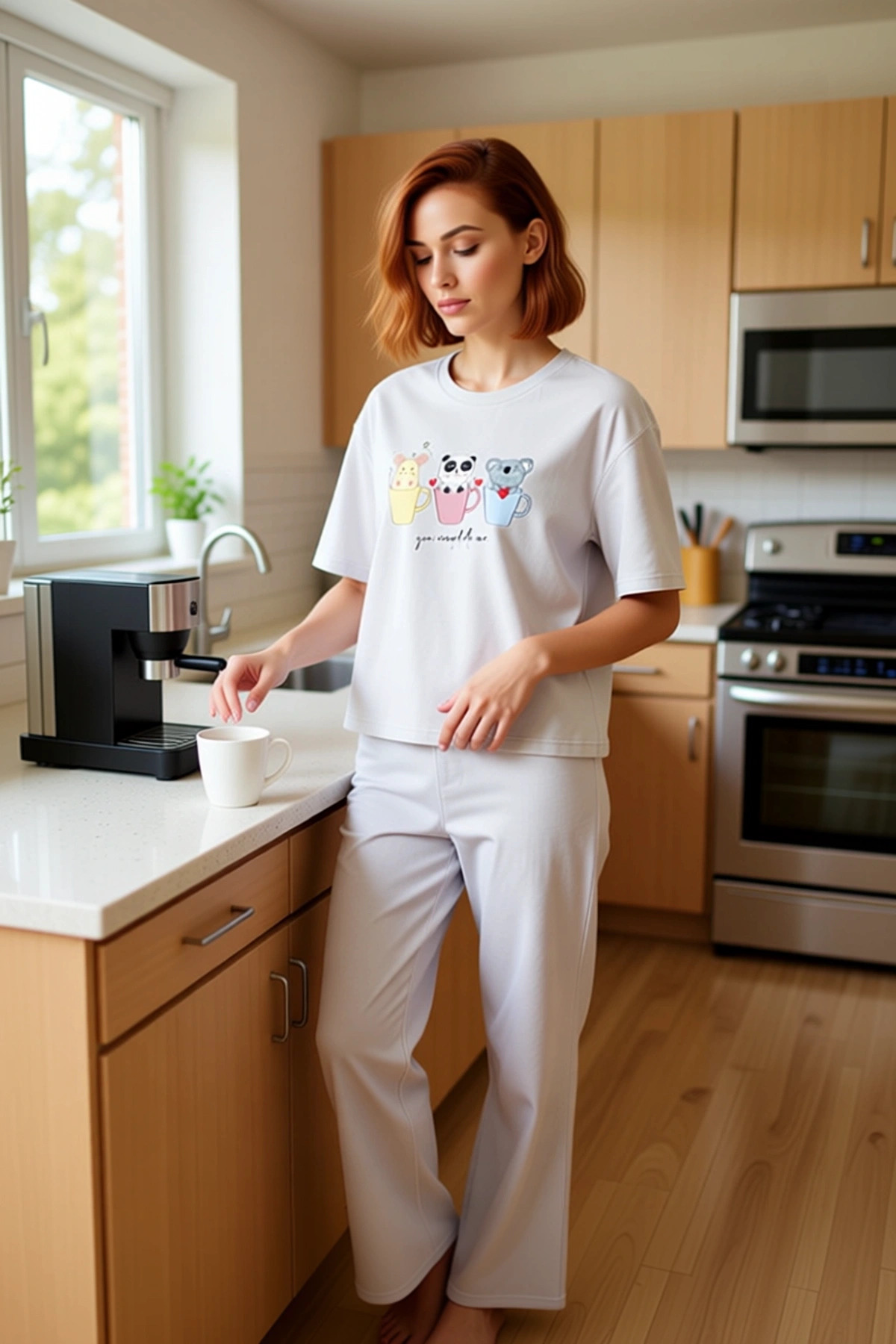 Kadın Pamuklu Rahat Baskılı Pijama Takımı Kısa Kollu Tişört Pantolon Kullanım Ve Şık