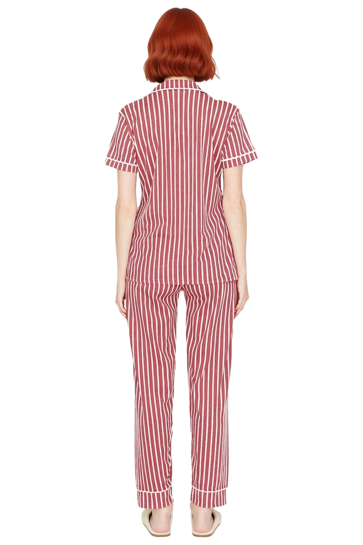 Kadın Kısa Kollu Çizgili Pamuklu Pijama Takımı Rahat Ev Giyim Seti Özenle Seçilmiş