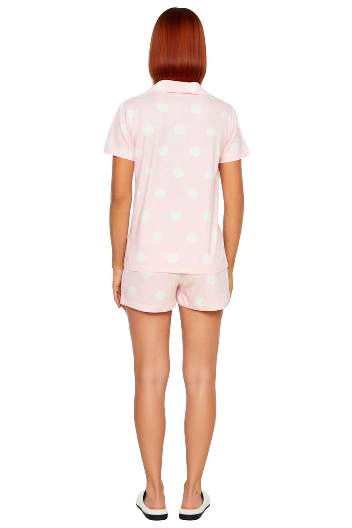 Kadın Puantiyeli Pamuklu Kısa Kollu Pijama Takımı Rahat Yazlık Ev Giyim Konforlu Kesim