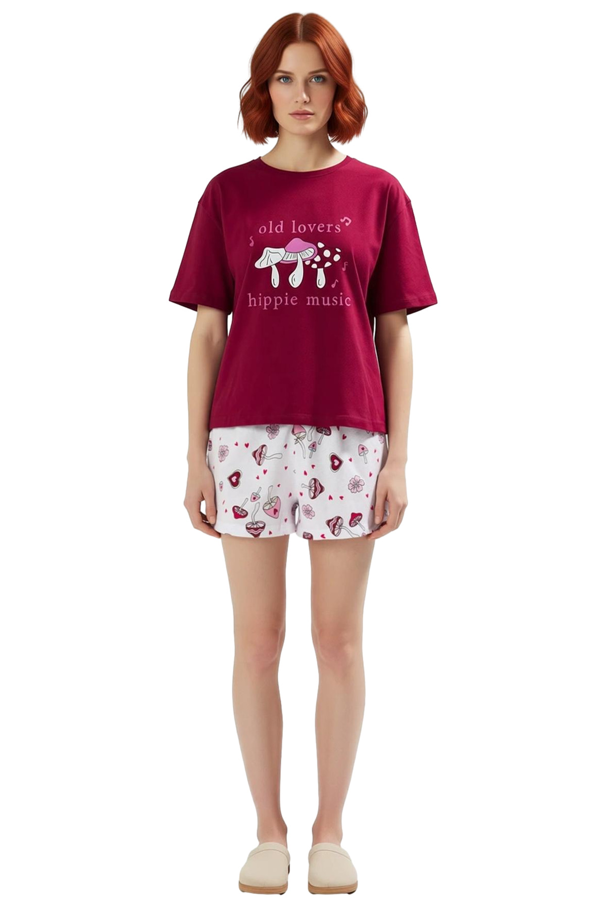 Kadın Kısa Kollu Bisiklet Yaka Pamuklu Pijama Takımı Şık Görünüm Mükemmel Uyum Modern Stil
