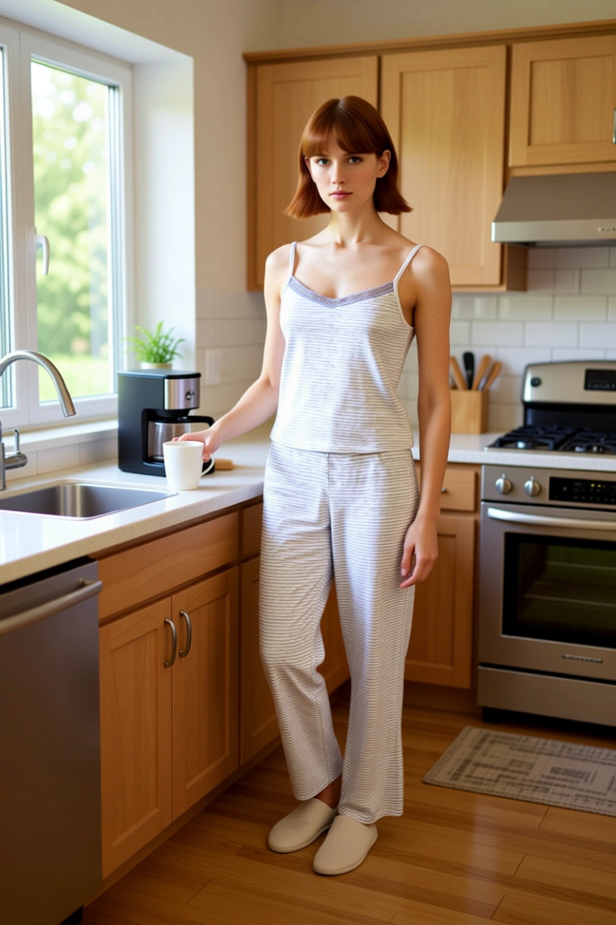Kadın Rahat Pamuklu Çizgili Pijama Takımı İnce Askılı V Yaka Homewear Uzun Ömürlü Özel Tasarım