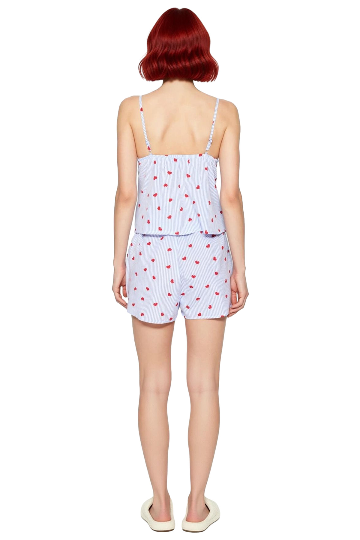 Kadın Rahat Viskon Pijama Takımı İnce Askılı V Yaka Şortlu Çizgili Günlük Kullanım İçin
