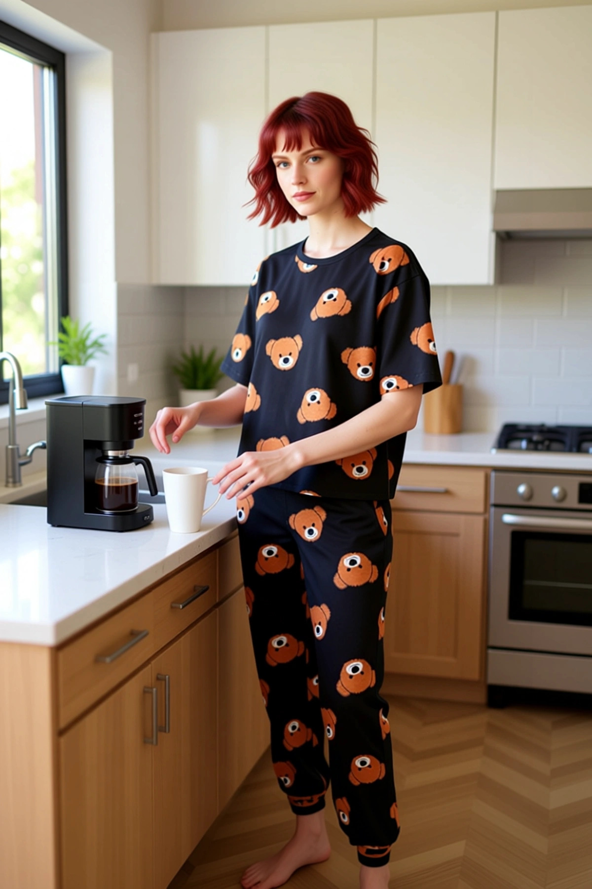 Kadın Ayıcıklı %100 Pamuklu Pijama Takımı Rahat Boru Paça Lounge Giyim Yüksek Kalite