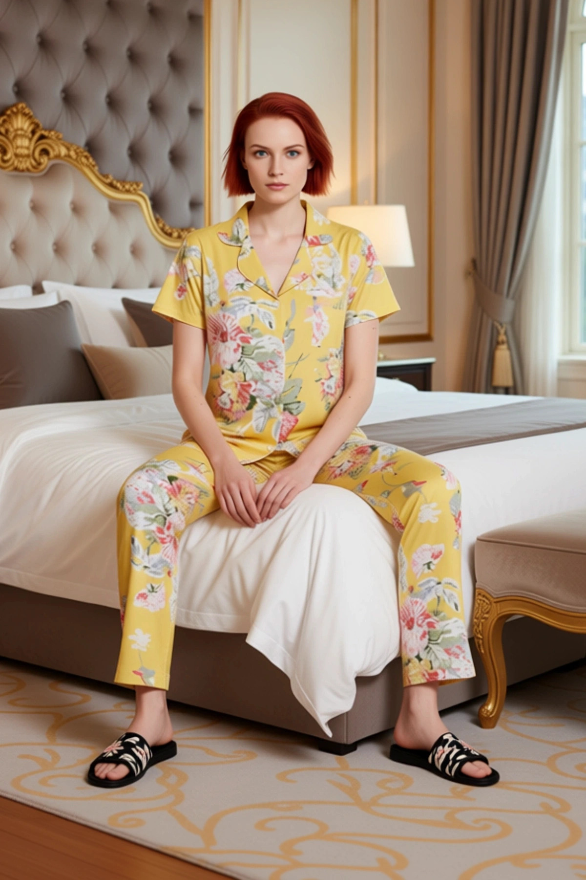 Kadın Çiçekli Desenli Pamuklu Kısa Kollu Pijama Takımı Profesyonel Görünüm Özenle Seçilmiş