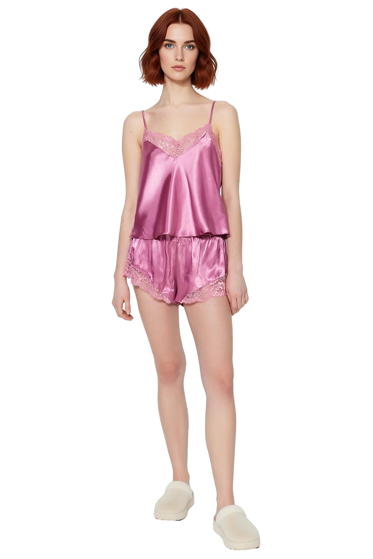 Kadın Saten Pijama Takımı İnce Askılı Dantelli Şortlu Rahat Konforlu Kesim Özel Tasarım