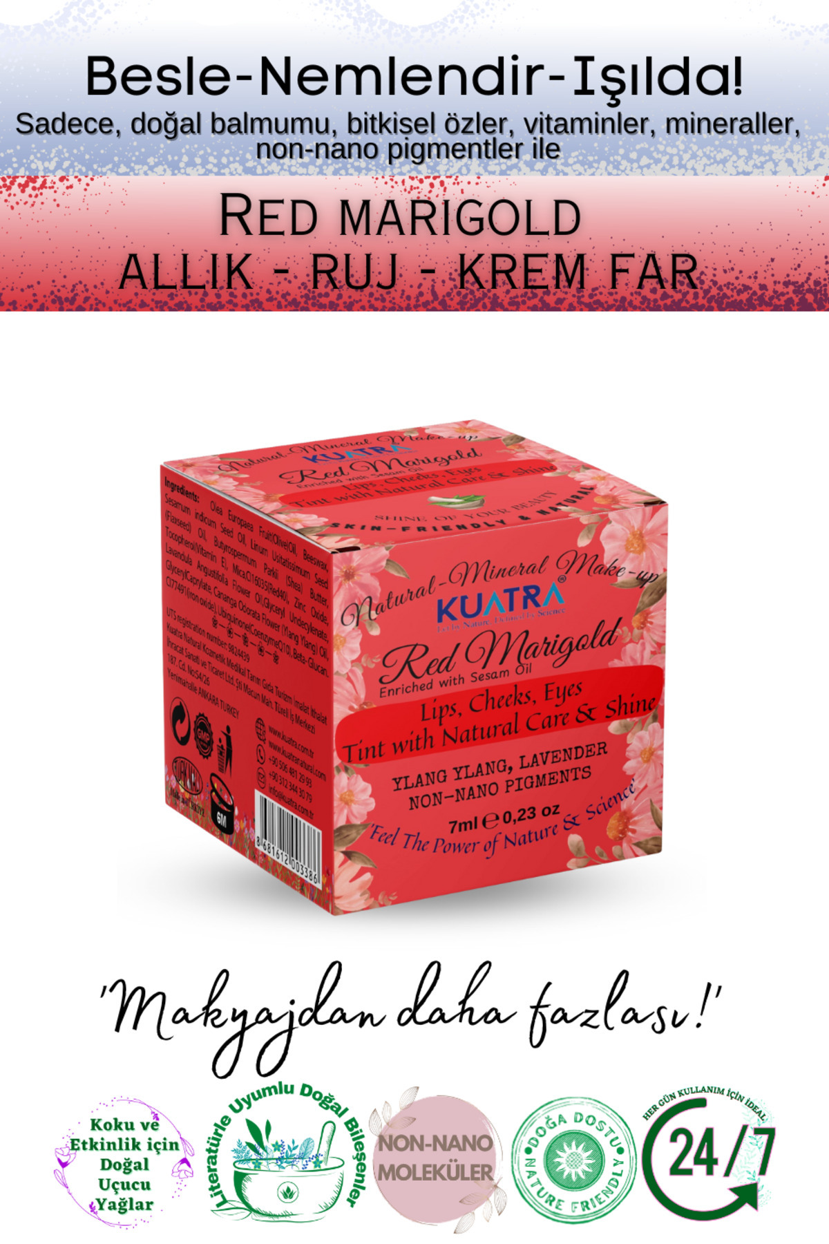 KUATRA Red Marigold Nemlendirici - Antioksidan Işıltı Veren Balm (DOĞAL İÇERİKLİ RUJ- ALLIK-GÖZ FARI)
