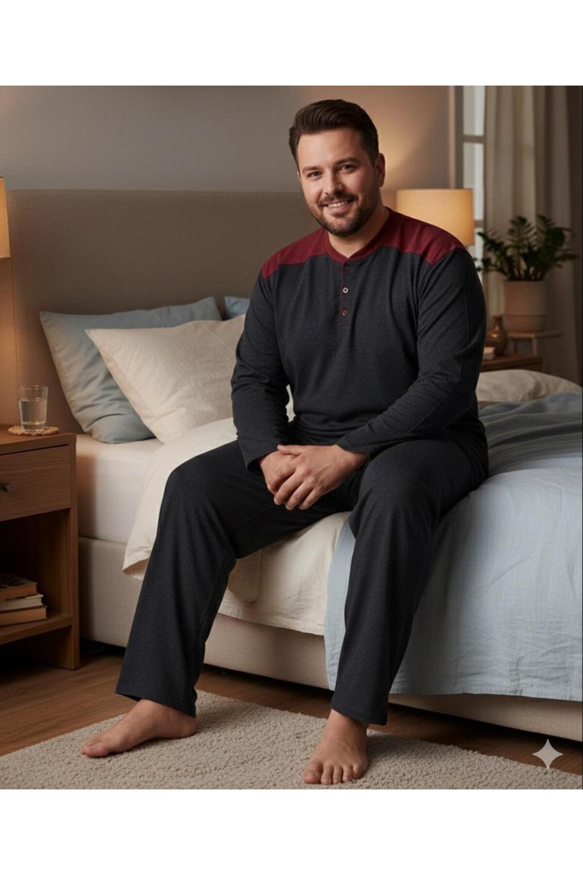 Sude HOMEWEAR Erkek Büyük Beden Uzun Kol ( Mevsimlik) Pijama Takımı görsel 2