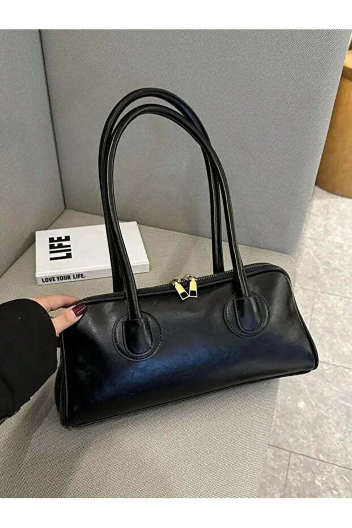 Siyah Meva Çift Fermuarlı Siyah Baget El Ve Kol Kadın Çantası görünüm 5