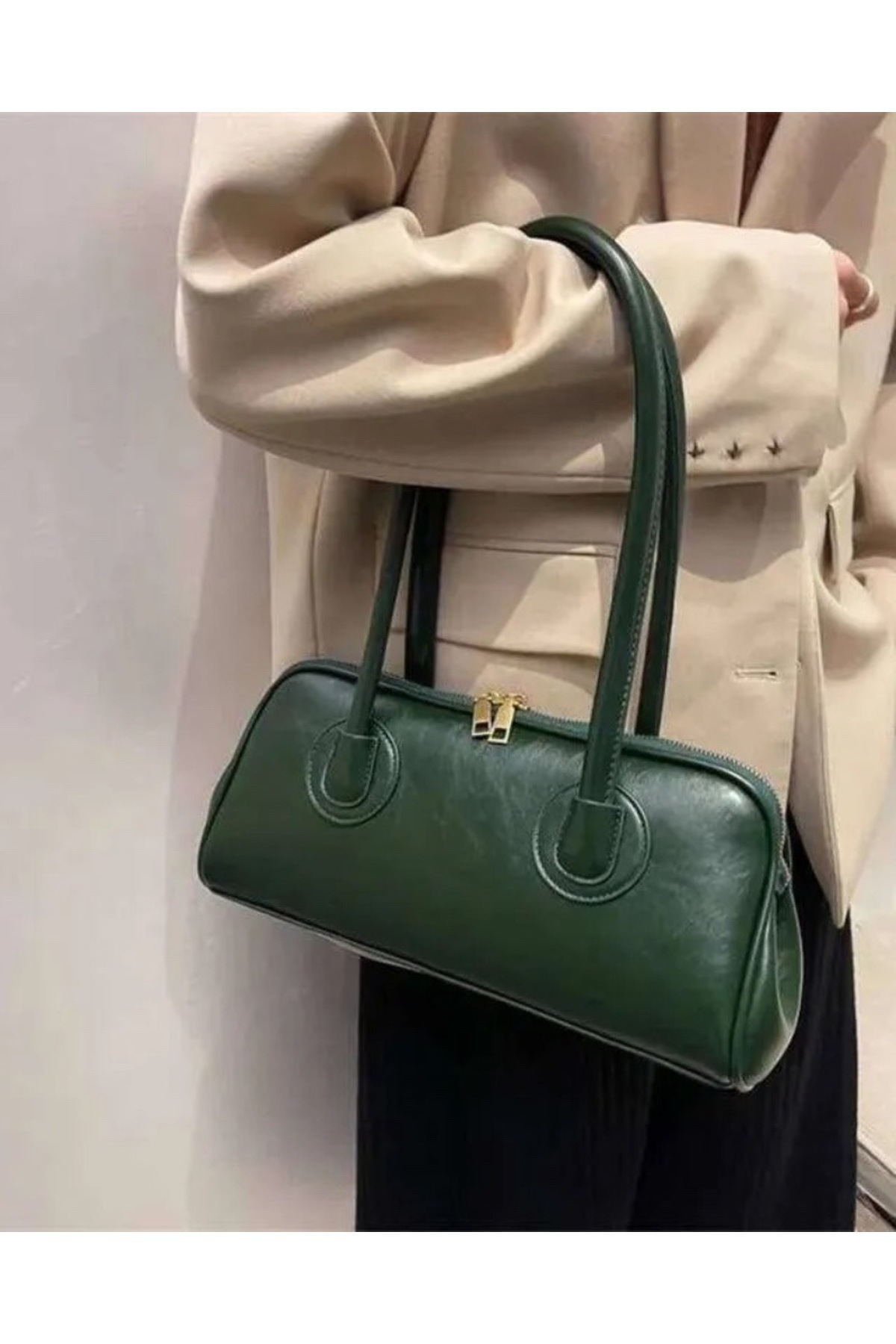 كاكي Meva Çift Fermuarlı Haki Baget EL ve Kol Çantası Shopper Model görünüm 3
