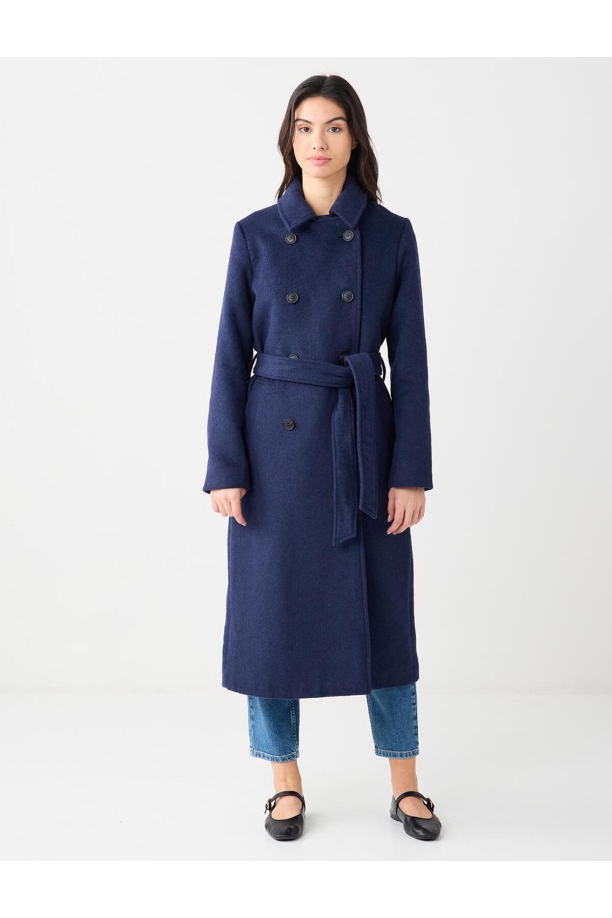 Jimmy Key  Lacivert Kruvaze Yaka Kemer Detaylı Kaşe Kaban - Görsel 3